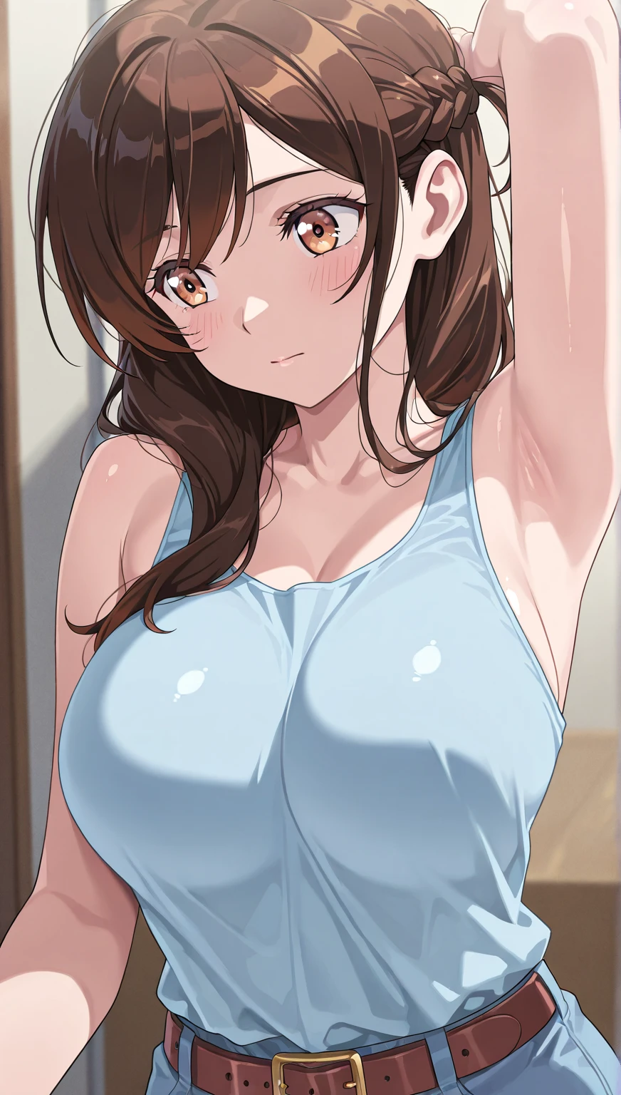 (Best quality:1.3), nakano miku, brown long hair, hair between eyes, large round breasts, cleavage, one-piece swimsuit, (cum on breasts:1.3), restroom, (from above view), (blushing:1.4)