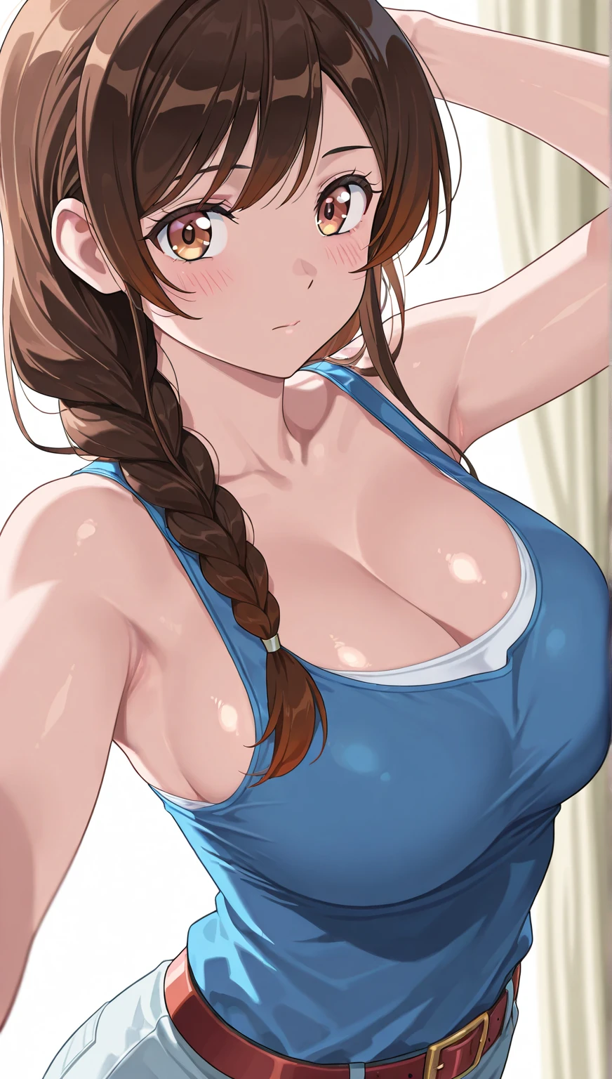 score_7_up, score_6_up, best quality, anime screencap, clear face, 1mature_female, brown hair, side ponytail, low ponytail, big breasts, purple bra, purple pantie, standing, Washroom, from side, navy blue T-shirts, Undressing, navel