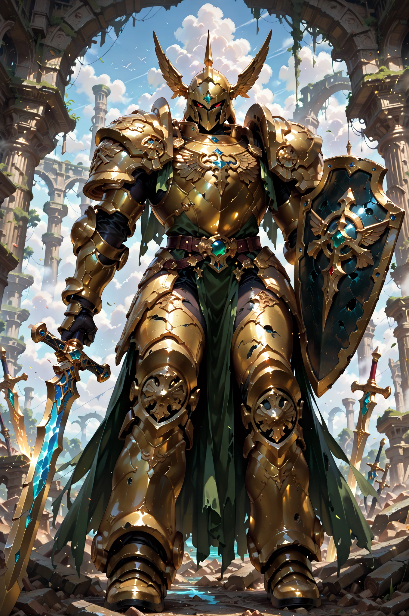 (masterpiece, best quality:1.2), highly detailed, fantasy theme, solo, 1 golem , golden armor, bearer heavy shield and long sword a ruins on background, fan art,