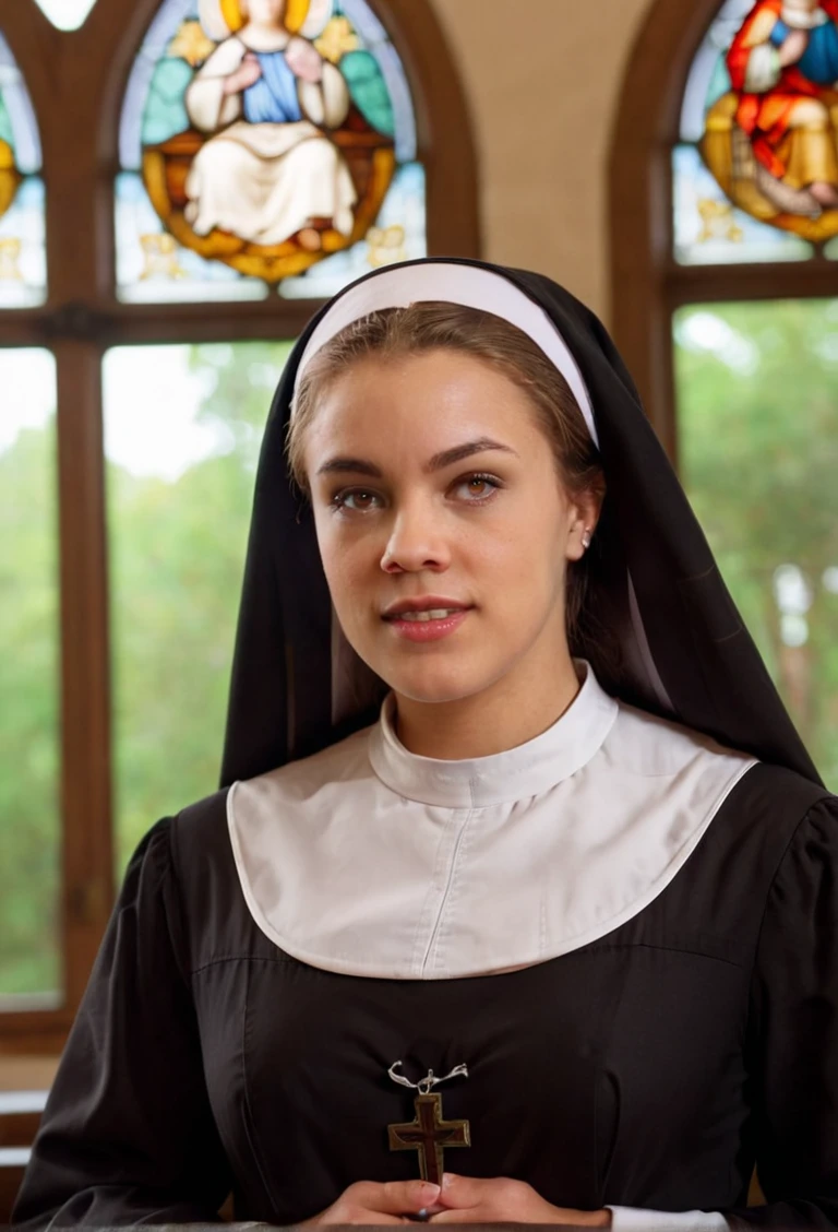 cinematic film still closeup portrait of joditaylor as a nun in a church, stained glass window in background <lora:joditaylor:1> . shallow depth of field, vignette, highly detailed, high budget, bokeh, cinemascope, moody, epic, gorgeous, film grain, grainy