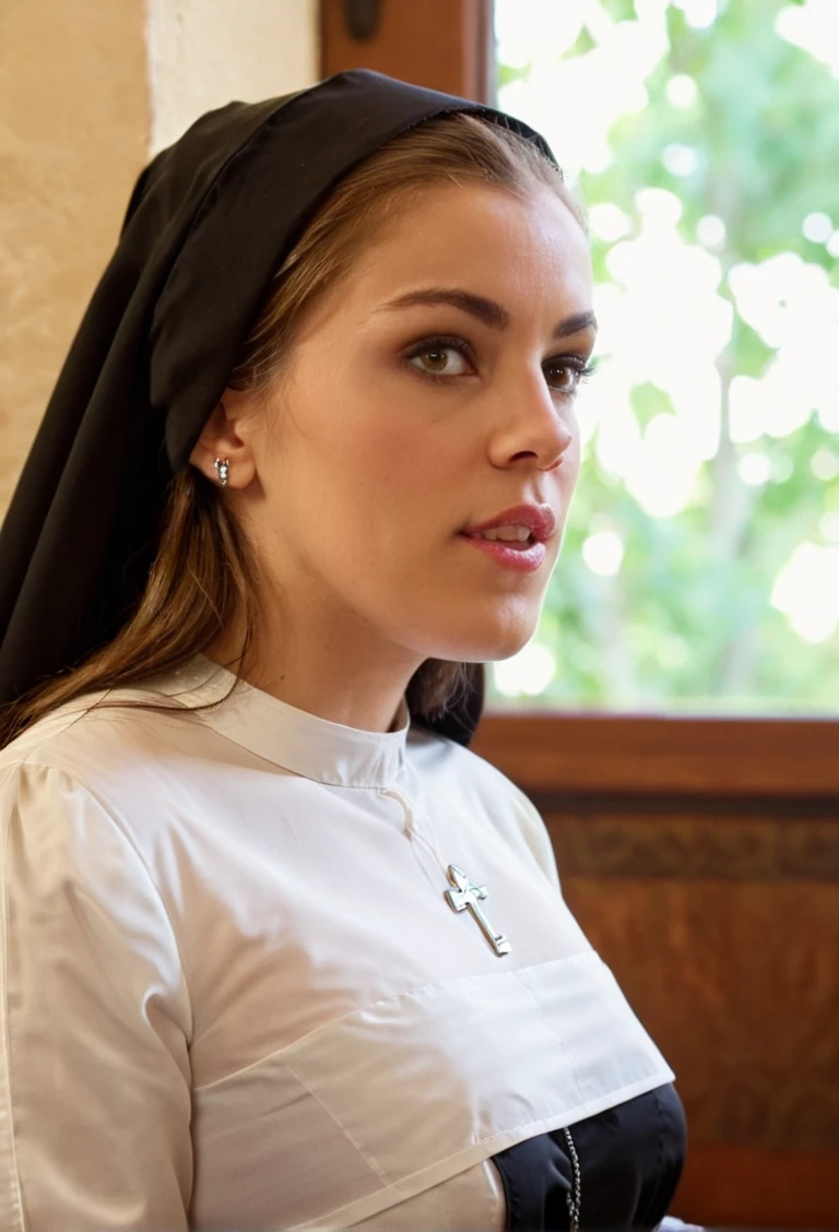 cinematic film still kerielane as a nun looking at camera <lora:kerielane:1> . shallow depth of field, vignette, highly detailed, high budget, bokeh, cinemascope, moody, epic, gorgeous, film grain, grainy
