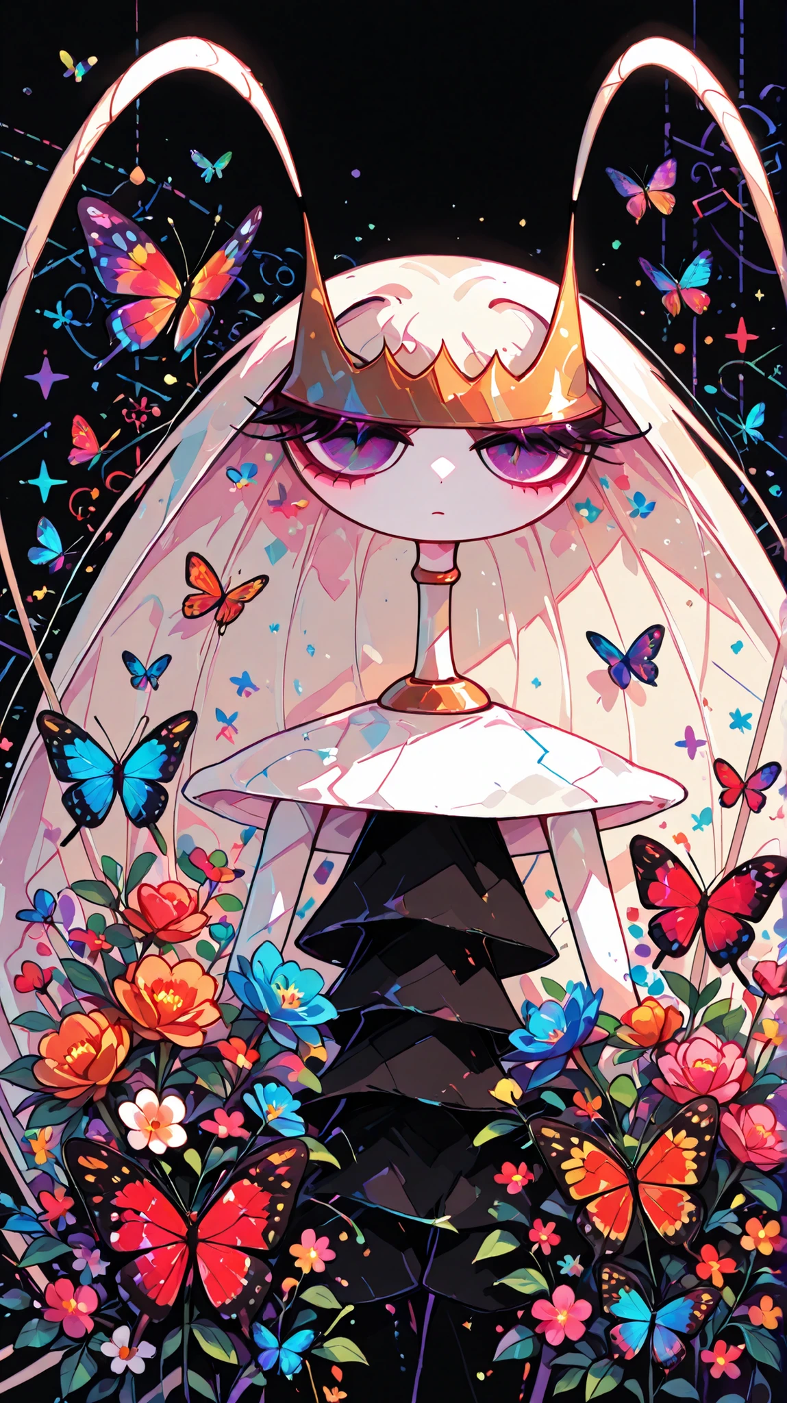 ((Colorful butterflies with gorgeous ornaments and flowers on black background)), ((pheromosa:1.1)),(harmony of butterfly), Butterfly, intricate digital painting, (mechanical butterfly), highly intricate and colorful, dark but detailed digital art, Highly detailed symmetry, detailed digital artwork, Symmetrical intricate details, plethora of colors,colorful intricate masterpiece,
(Sticker style:1.5),(Geometric pattern background:1.3),frontage、Sticker style,((over view)),(red light particle),portrait