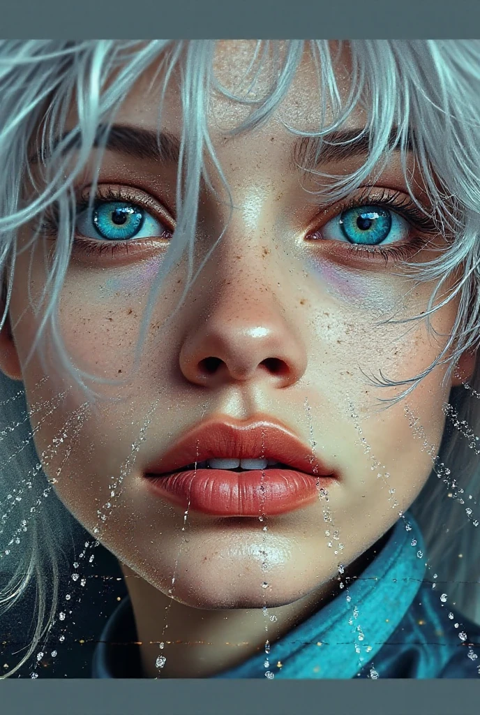 (best quality, masterpiece :1.3), pretty Woman, 1 girl, (Large Breasts, Beautiful clavicle, Attractive figure :1.2), short hair, Wavy ends, Silver hair gradient light blue hair, messy hair, single sidelock, (wet from rain, get wet by rain, wet :1.2), Sky blue gradient cyan eyes, pupils reflect surroundings, super detailed face, delicate lips, exquisite eyes, double eyelids, long upper eyelashes, upturned eyes, pupils sparkling, 16k, high details