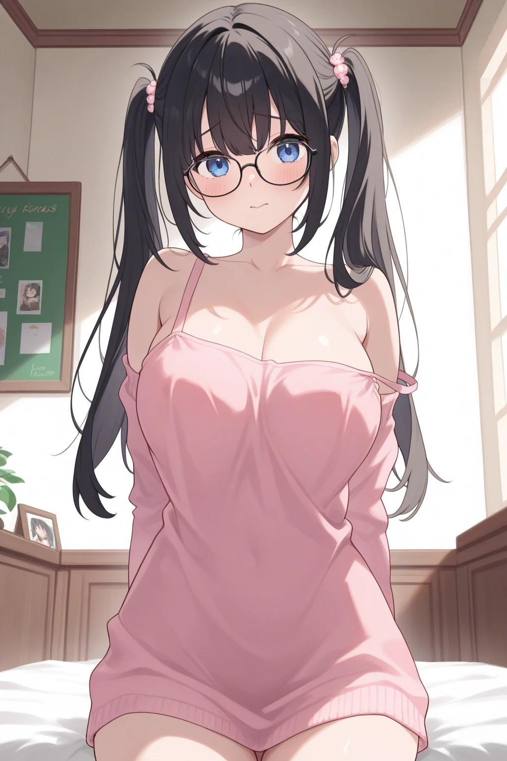 (cute eyes:1.2), (sparkling eyes:1.2), (8K、Best image quality、highest quality、masterpiece)、Detailed face、(2 girls)、Improve、(Black Hair, Purple Eyes, Glasses, long hair)、(open mouth), (embarrassed), (skinny body:1.3),(huge breasts:1.2), (Naked Towel:1.3), (cleavage), Sit on a chair, Classroom Background, (Waistline:1.1),(tits), (spread legs,),((see through)),(((nipples visible))),nipples, exposure,((pussy juice)),(((masturbation))) ,((vaginal finger)),(loli),((loli girl)),long hair,(((((oppai loli))))),