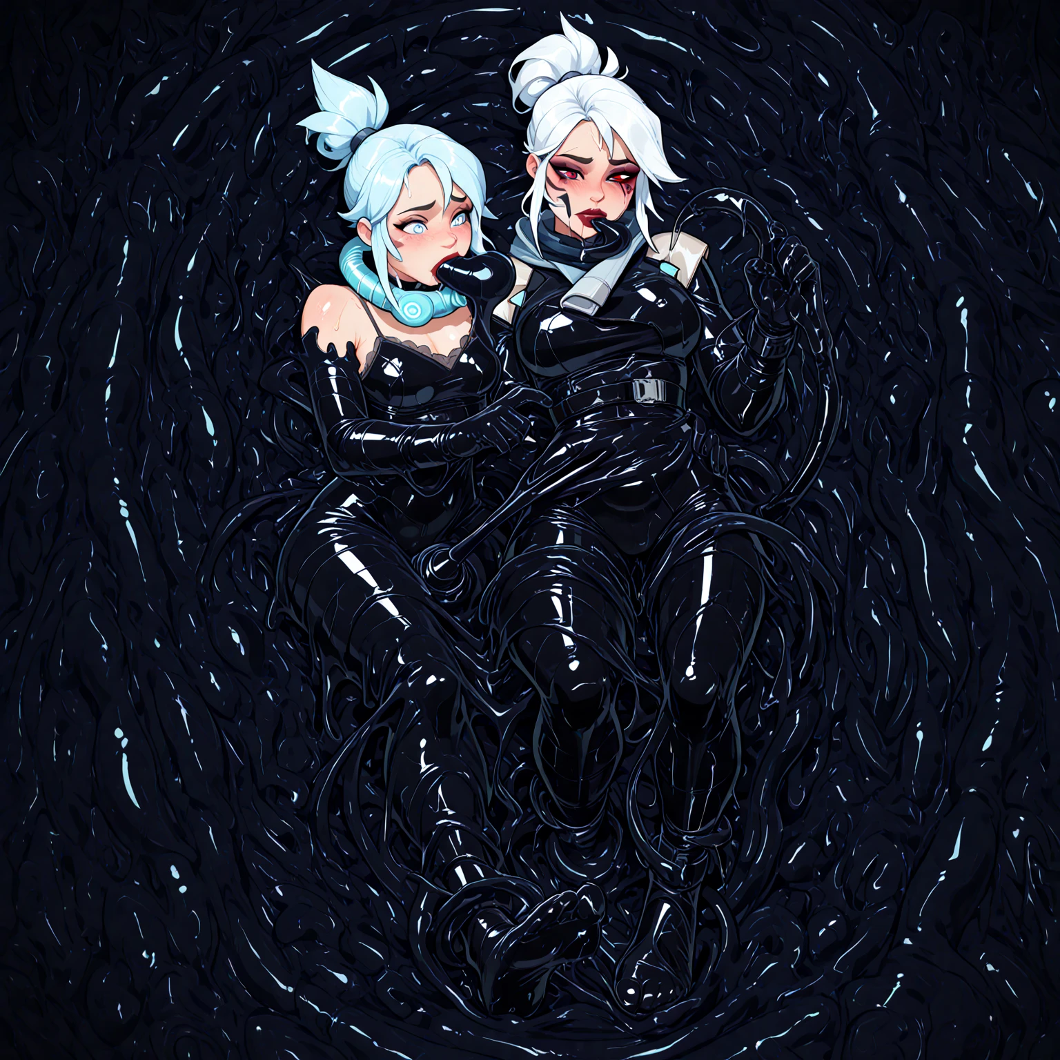 a woman in a wetsuit, posing for a photograph, perfect android girl, shiny latex, futuristic glossy latex suit, wear latex, Latex dress, wear a black latex suit, cute girl in a vest, latex outfits, cute cyborg girl, Photorealistic ideal body, shiny black dress, beautiful white cyborg girl, tight outfit, wrap glossy leather, lesbian, girl kisses girl,young girl, two girls, lesbian, girl kisses girl, girls sex goo queen, Short silver hair, Blue eyes, body in black tight latex, body covered with black mucus, orgasm, masturbation, lies in black goo , drowning in black goo , a lot of black goo , girls swallow black goo , masturbates with mucus