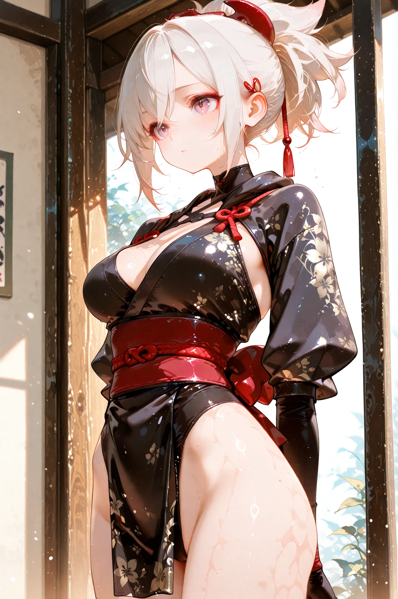 absurdres, RAW photo, extremely delicate and beautiful, masterpiece, Best Quality, ultra high resolution, 32k, hyperrealistic, ultra-detailed, perfect anatomy, super Detailed skin, perfect figure, Super Beauty, Perfect Style, Perfect balance, in her 20s, very Slim body, narrow waist, very small head, very small face, delicate facial features, tearful mole, earring, very huge round breasts, bare legs, medium hair, whole body shot, miko, short skirt, (holding two katanas), (Mechanical Temple), indoor,