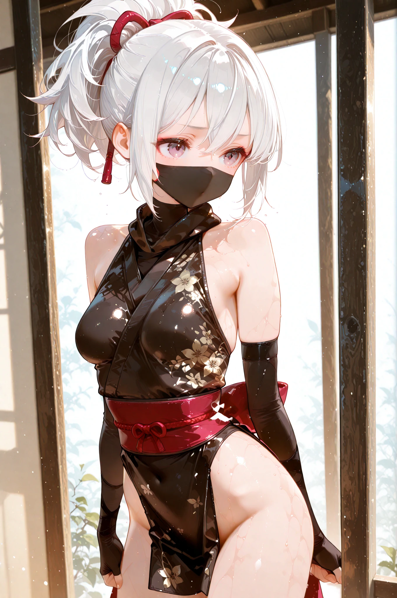 (masterpiece, top quality, very aesthetic, 4k、illustration), intricate detail, 1girl,Standing 、(upper body)、clear face、Round eyes、,
Cute 、Random Hair Color、,middle hair,sidelock ,Random Color　eyes、ninja clothes、small breasts、Slim 、