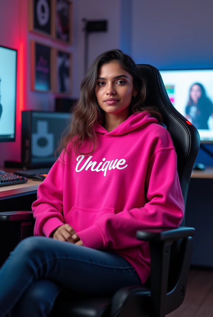 Beautiful teen Indian woman. Hero outfit color pink. She wears a sari and glasses but make it heroic outfit. pink water logo on her outfit 