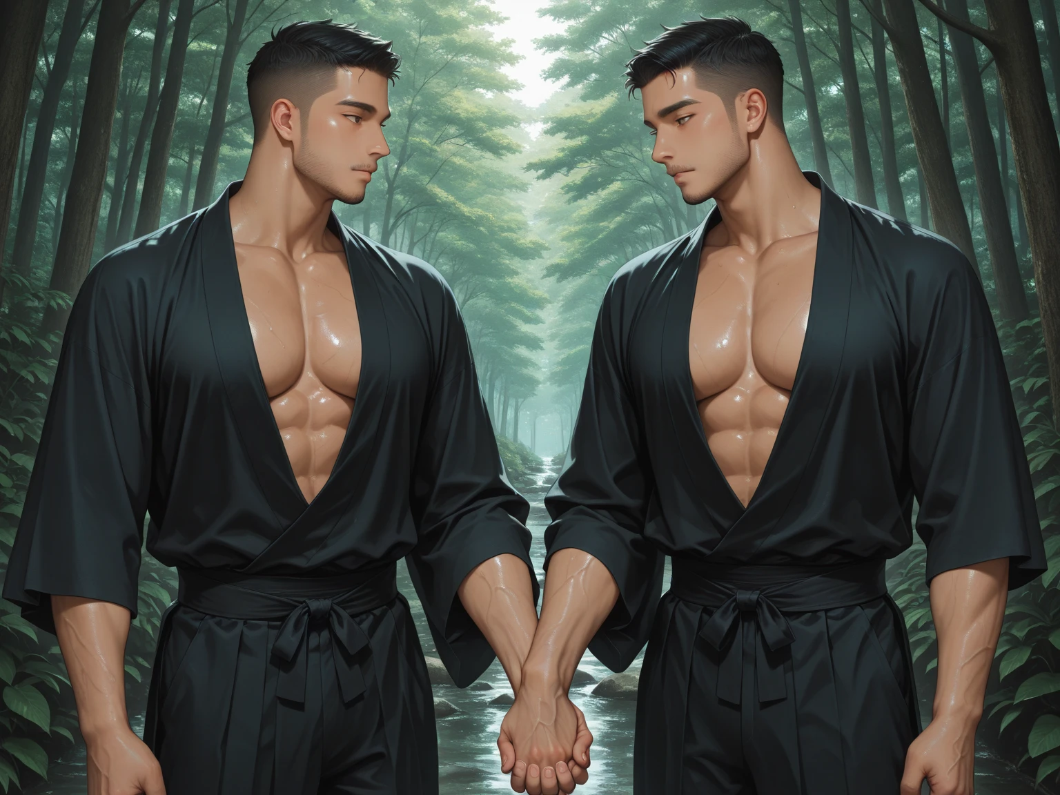 (Man) Beautiful tanned man, adult Indonesian guy, short black hair, wearing black thong, leather, bondage, (tied) tied, top shoulder cover, right breast tattoo, forest background, dramatic lighting, dynamic pose, (realistic) realistic, hairy chest, beard, hairy face, facial hair, Realistic 8K image