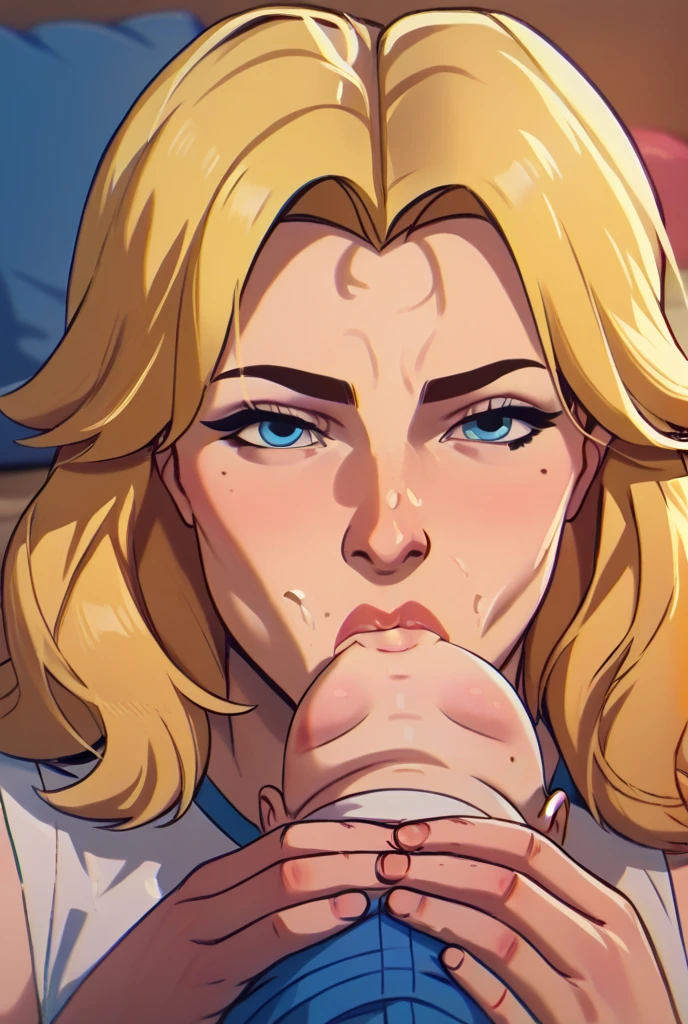 (masterpiece:1.3), (8k, Realistic, RAW Photos, highest quality: 1.4), Absurd, Charm, Ultra-high resolution, Ultra-realistic, Very detailed, Golden Ratio, (Realistic), (Best Shadow), Low contrast, (Complex:1.4), Side lighting, 8K, Beautiful Face, (Realistic Face), Beautiful hairstyle, Realistic eyes, Beautiful fine details, (Realistic Skin), Beautiful Skin, (One girl), ((Brie Larson, CAPTAIN MARVEL)), (Accurate hand and finger depiction), (Blonde Long Hair:1.3), ((Frowning)), ((Eyes closed, Looking up)), (saliva:1.1), (painful:1.1), Flushing, (Sweat), NSFW ((fellatio)), (Blowjob face), ((deep throat:1.2)), BREAK ((1boy, 1penis:1.1, 2 thick penises:1.0)), ((Bust Shot)), (Head-on view)