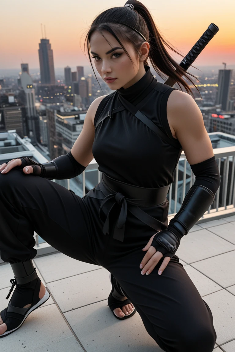 ibuki, long black hair, brown eyes, high ponytail, ahoge, ninja, mouth mask, bandages, fingerless gloves, bandana, hip vent, barefoot, looking at viewer, serious, angry, squatting, spreading legs, outside, building roof, night time, dark, cityscape, high quality, masterpiece, <lora:IbukiSF4:.7>
