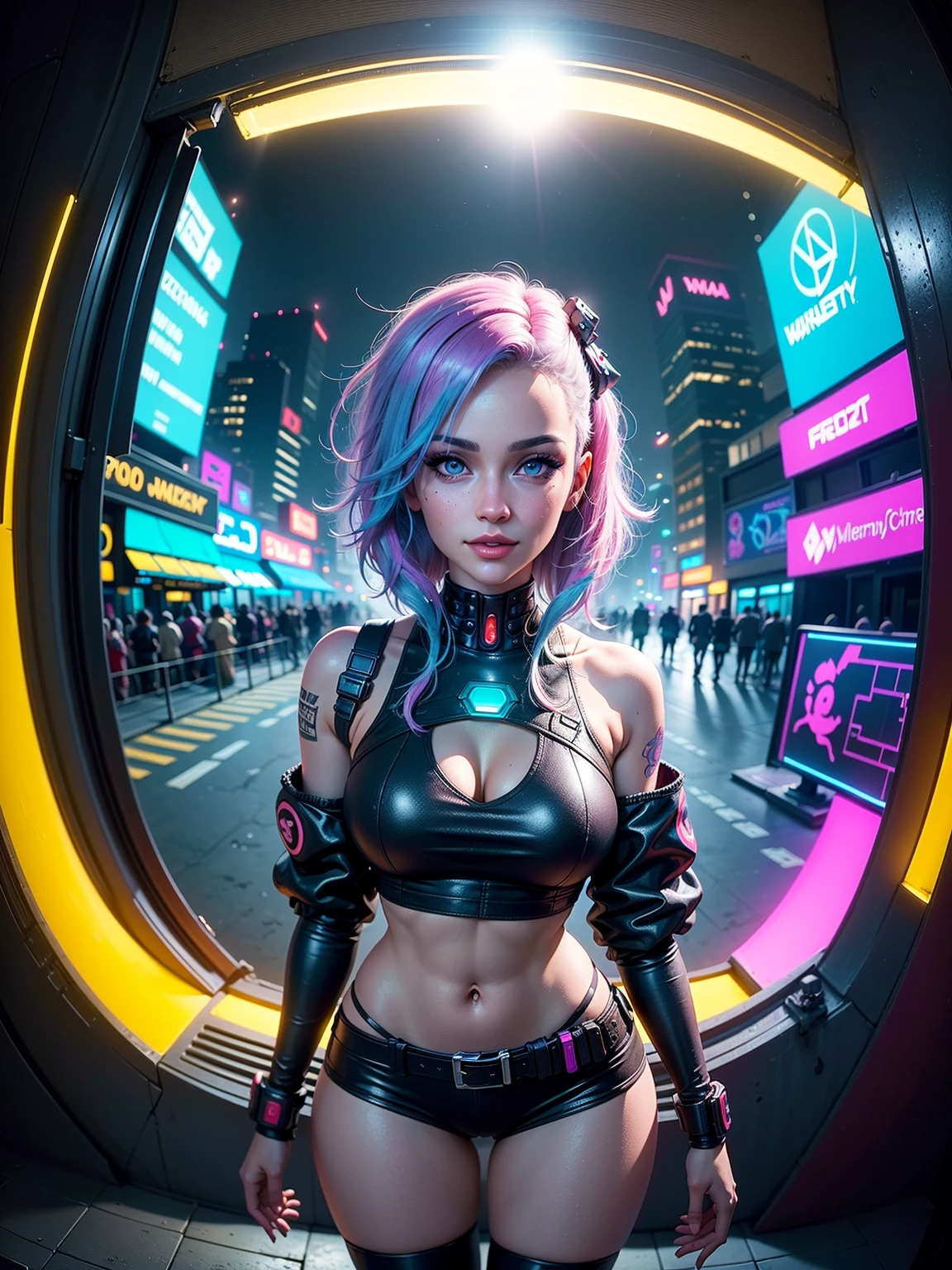 ((25 year old cyberpunk girls in a colorful Harajuku pop outfit)), ((((fisheye lens)))), Cowboy shot, the wind, Real Pile, big blue eyes, 8K, a perfect face, the perfect body, messy hair, Highly detailed eyes, Highly detailed face, ((Cyberpunk 2077 cityscape)), (Cyberpunk aesthetics and atmosphere:1.3), Bright colors, Smiling, ((Cinematic lighting))