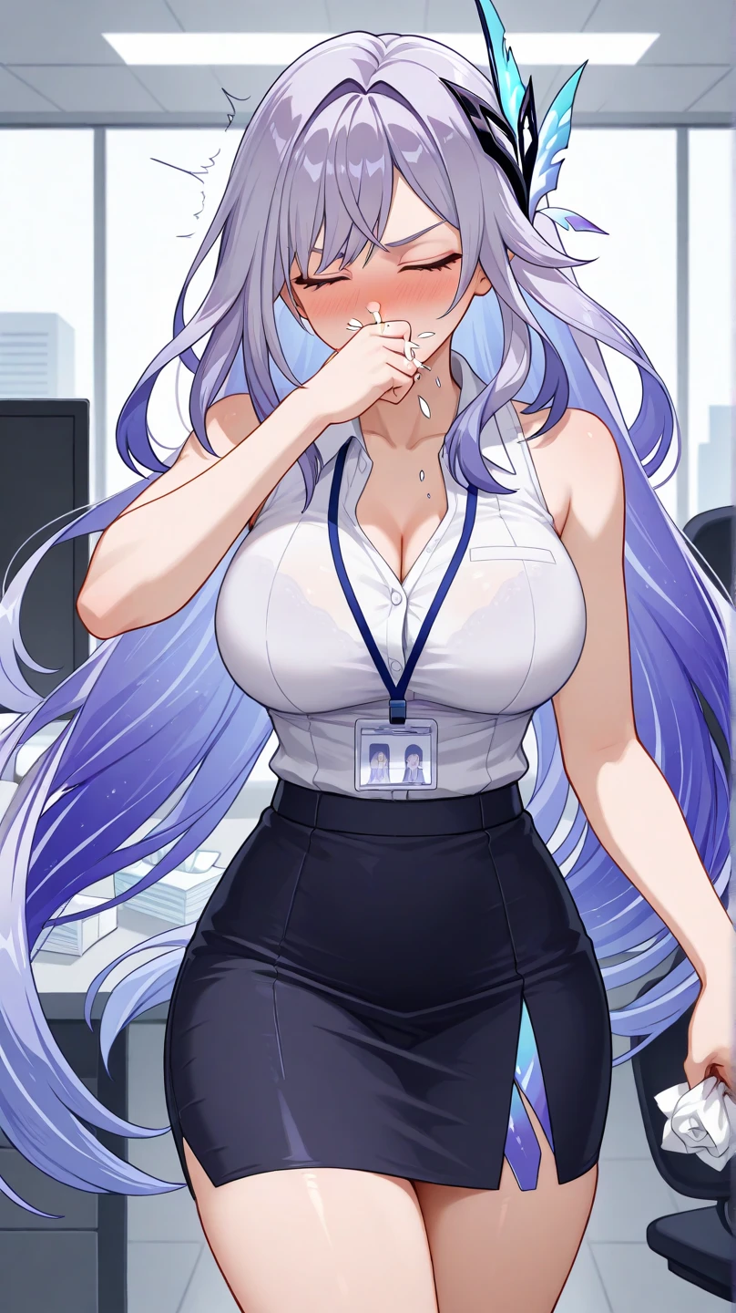 Masterpiece, beautiful art, 8k, art style by sciamano240, very detailed face, detailed hair, detailed clothes, detailed fabric, 1girl, beautiful face, long hair, light blue hair , very detailed blue cat eyes, cute smile, wearing open shirt, black dior thigh boots, black pencil skirt, standing bent over, necklace, chocker, rosey cheeks, office setting,