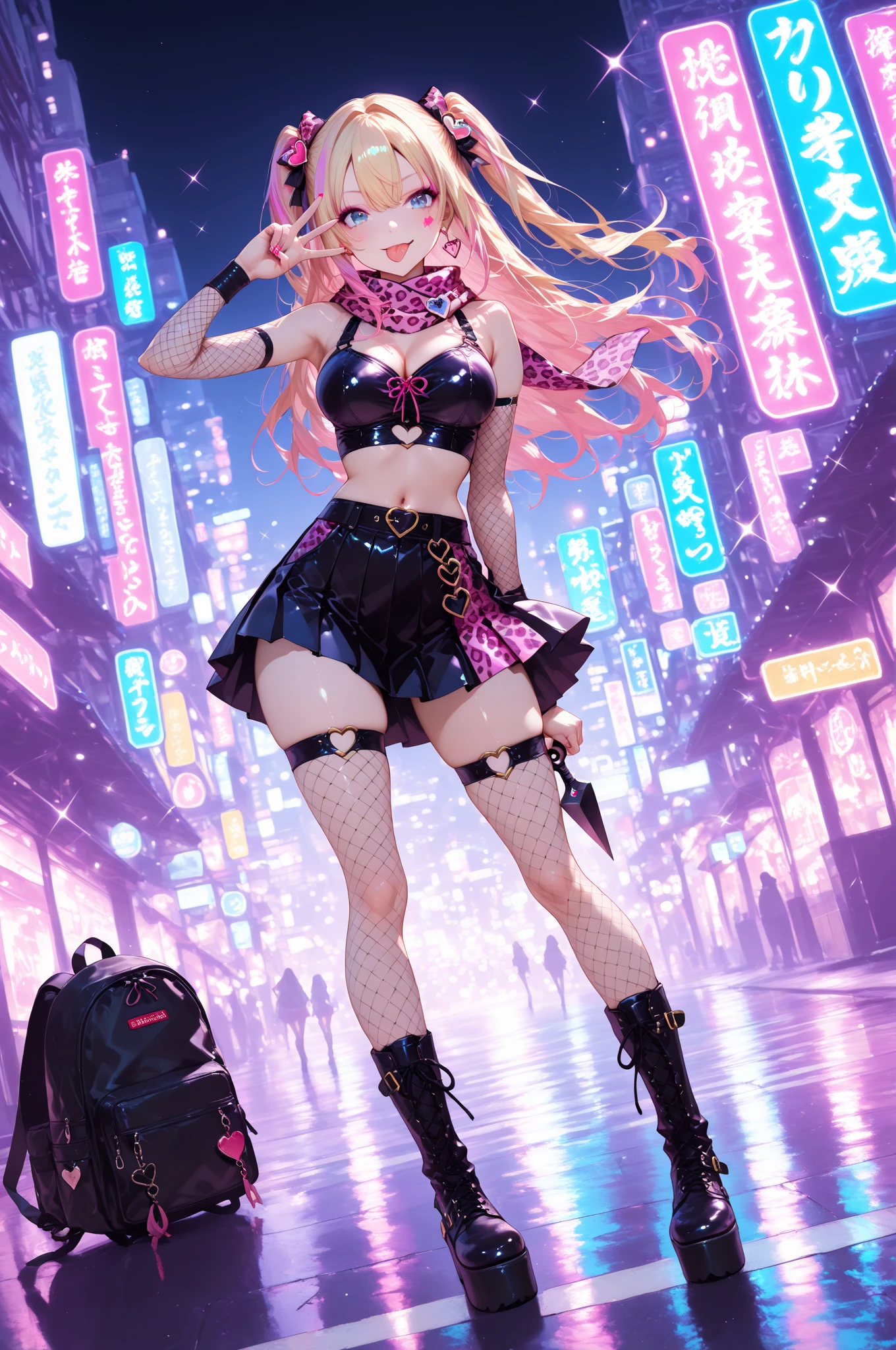 In a vibrant city, from a rooftop view, the Giantess Goddess with vivid pink skin and sparkling silver eyes creates chaos in a neon-lit outfit. Her playful steps cause tremors, and she delights in plucking people from the streets, their panic and pain adding to her cruel pleasure.