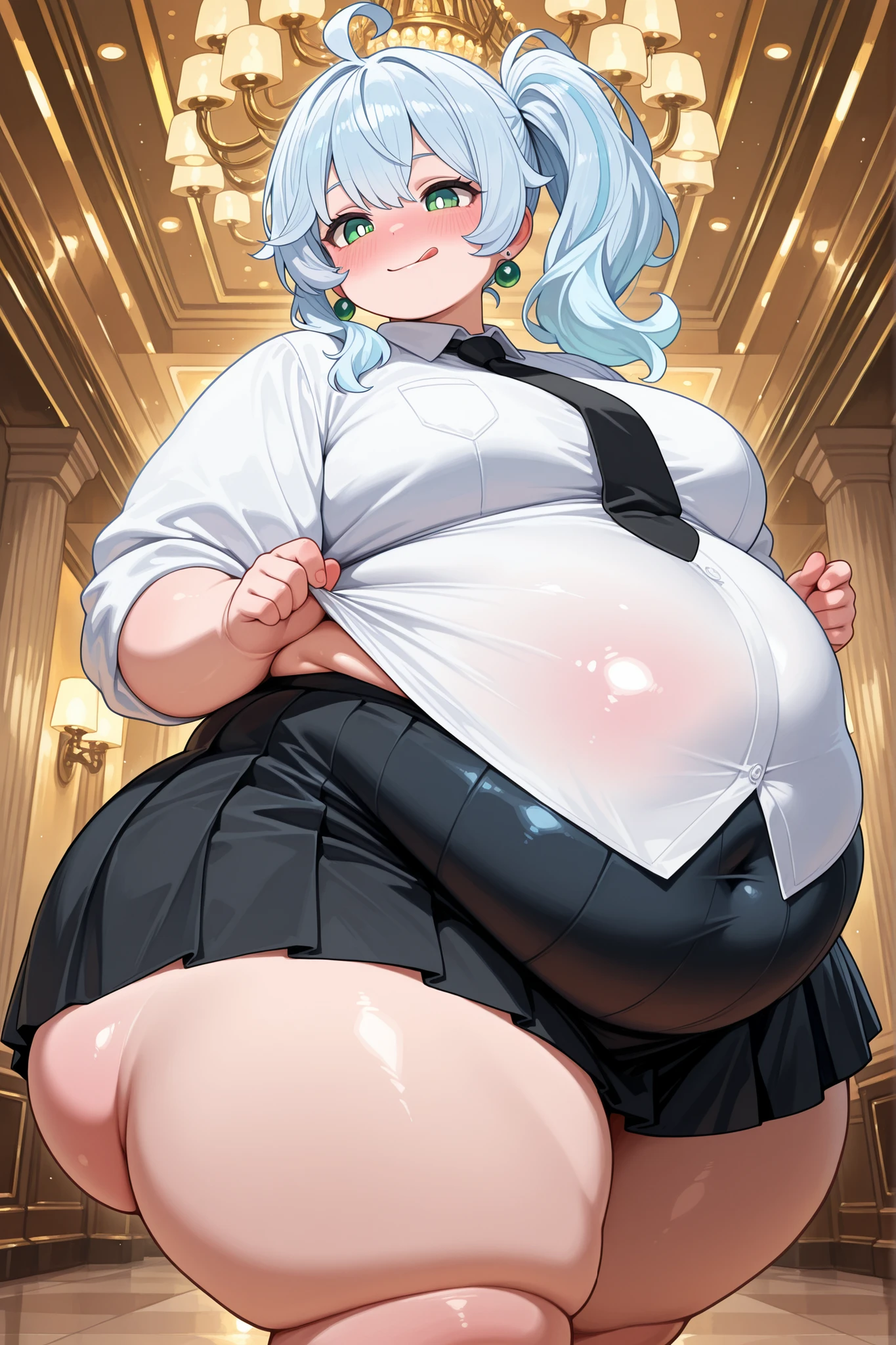 (masterpiece, best quality), 1girls, big belly, blurry background, huge belly, art by kipteitei, round belly, chubby, curvy, white button-up shirt, skirt, thighhighs, simple_background, gradient_background, belly bursting out of shirt, belly grab, enormous belly, fat belly, thicc, bigger belly, sitting on chair, really big belly, jiggly belly, shirt covering belly, belly cover by shirt, glasses