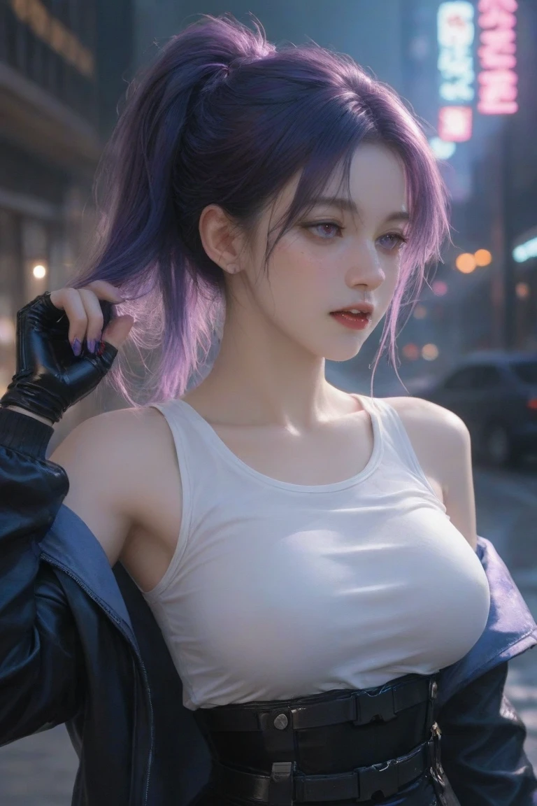 best quality, super fine, 16k, incredibly absurdres, extremely detailed, delicate and dynamic, beautiful female warrior, rainbow braided ponytail, cool and attractive look, metallic red eyes, amazing proportions, translucent iridescent reinforced bodysuit, (future punk, background ruined city:1.4)