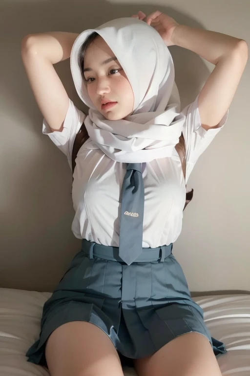((NSFW:1.7、realisitic))、1girl in, (white hijab plated), ((white shirt pencil plated)), Look at viewers, Young Face、Satisfied look, (( Opening legs、Open your legs、Crotch main、After Cum Inside)),Large breasts,Putting out the chest,