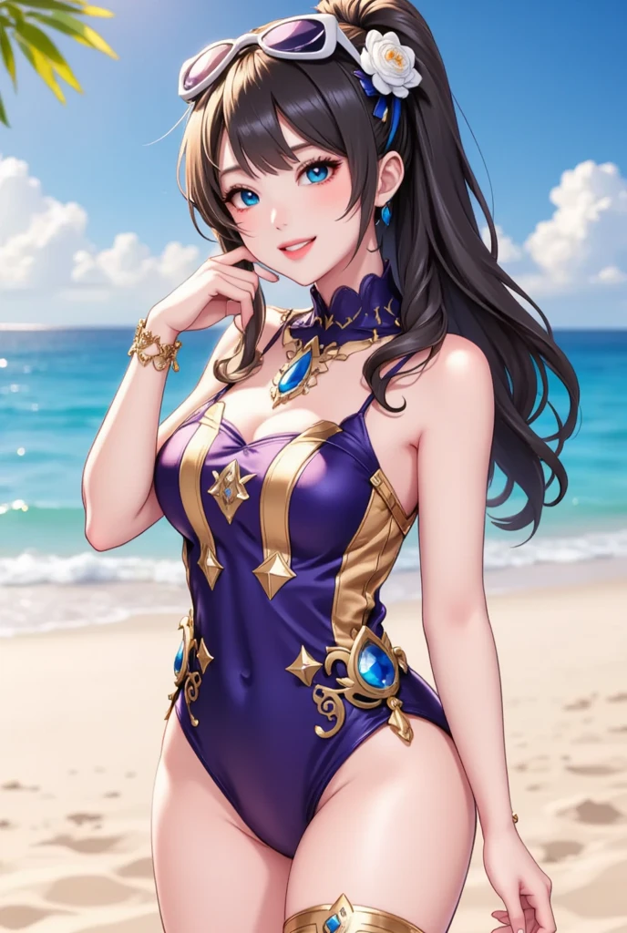 A beautiful queen in a summery outfit, dominates the royal beach in all her glory.