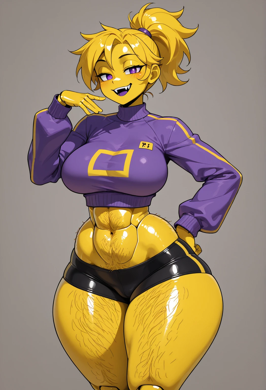 (High resolution, best quality:1.2), (40 years old:1.8), smiling, straight eyes, arms behind back, (pigeon toed:1), anime-style illustration of a housewife with huge breasts, brown hair covering one eye, wearing a metallic bikini and platform boots. She is standing in a dark room full of darkness. She has a devilish smile on her face. The background is a mysterious light and there are large machines lined up.