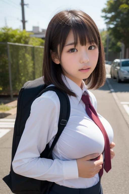 showing genitals here、female primary school student、breasts are very big、cute、Clothes are torn、is falling down