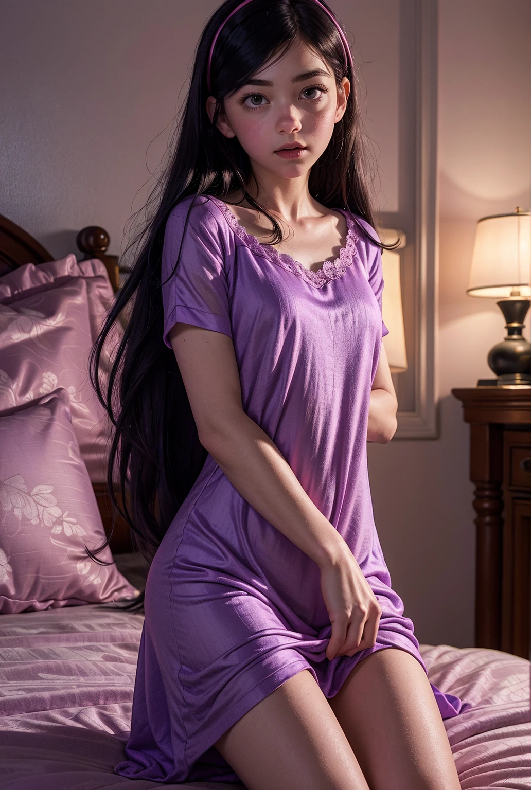 Sleeping woman, wearing purple maxi, looking sexy