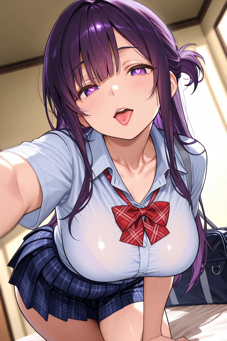 ((Best quality, nsfw , realistic, photorealistic, detailed background,depth of field, volumetric lighting, sharp focus, Absurd, ultra-detailed), 1 ((beautiful,21s, big breasts( breasts topless), saori kido, purple long hair, big breasts, blue eyes, blushing)), wearing jk ,long tie, panties and stockings, selfie