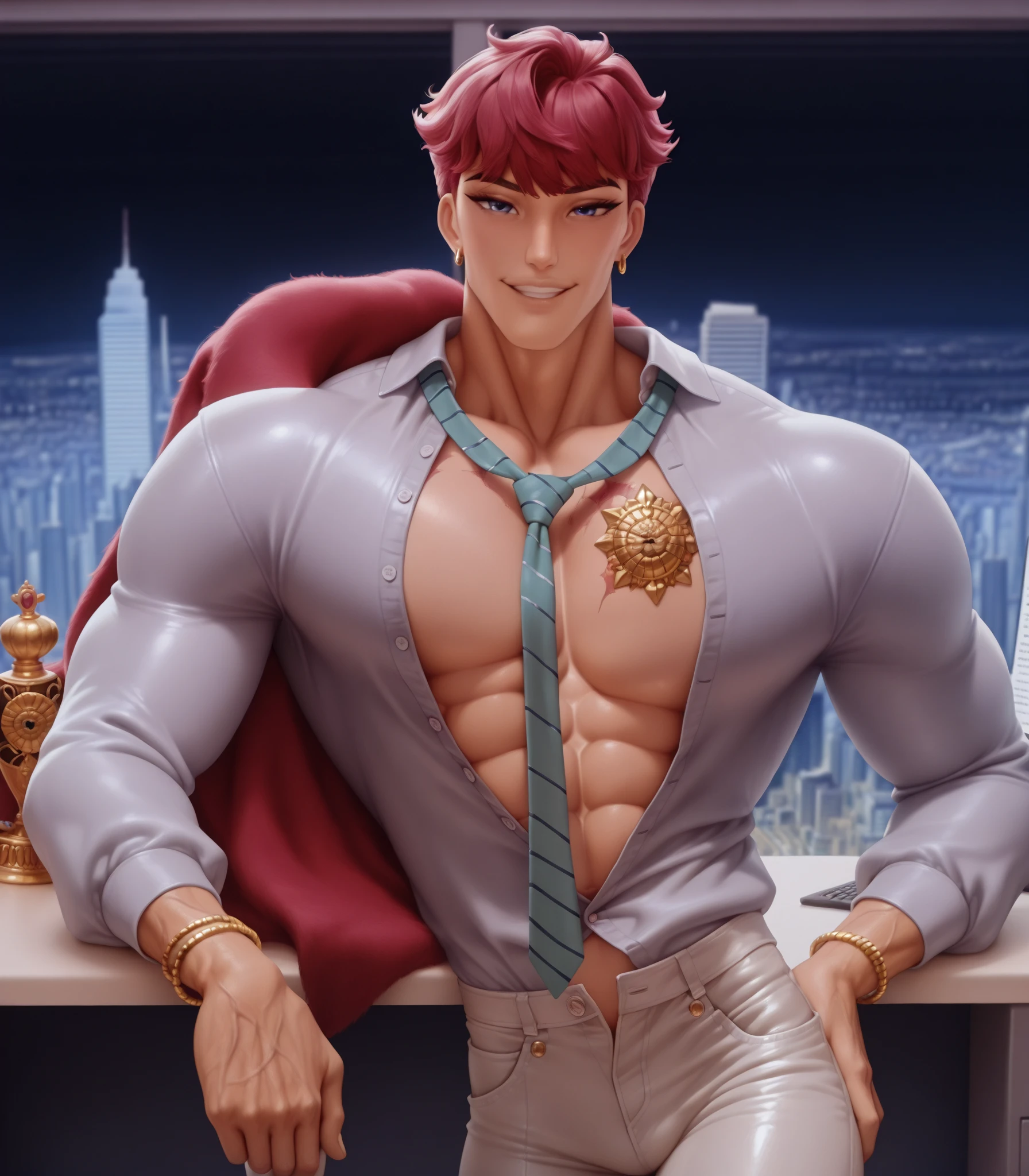 (absurdres, highres, ultra detailed, Ultra HD), ((tall handsome muscular man with a strong physique, solo, male model modern clothing, Full length portrait: 1.5, wearing a zip-up jumpsuit that is unzipped, bulge: 1.2)), beautiful, gorgeous, wet, mature, perfect eyes, sexy gaze, (looking at the viewers romantically), perfect body, smooth skin, a hot glow in his skin, extra large chest, largest breasts, extremely large pectorals, big nipples, breathtaking grandeur, model pose, colorful, artistic, focus on his calm facial features, elegant look, sexy posture, full body view,