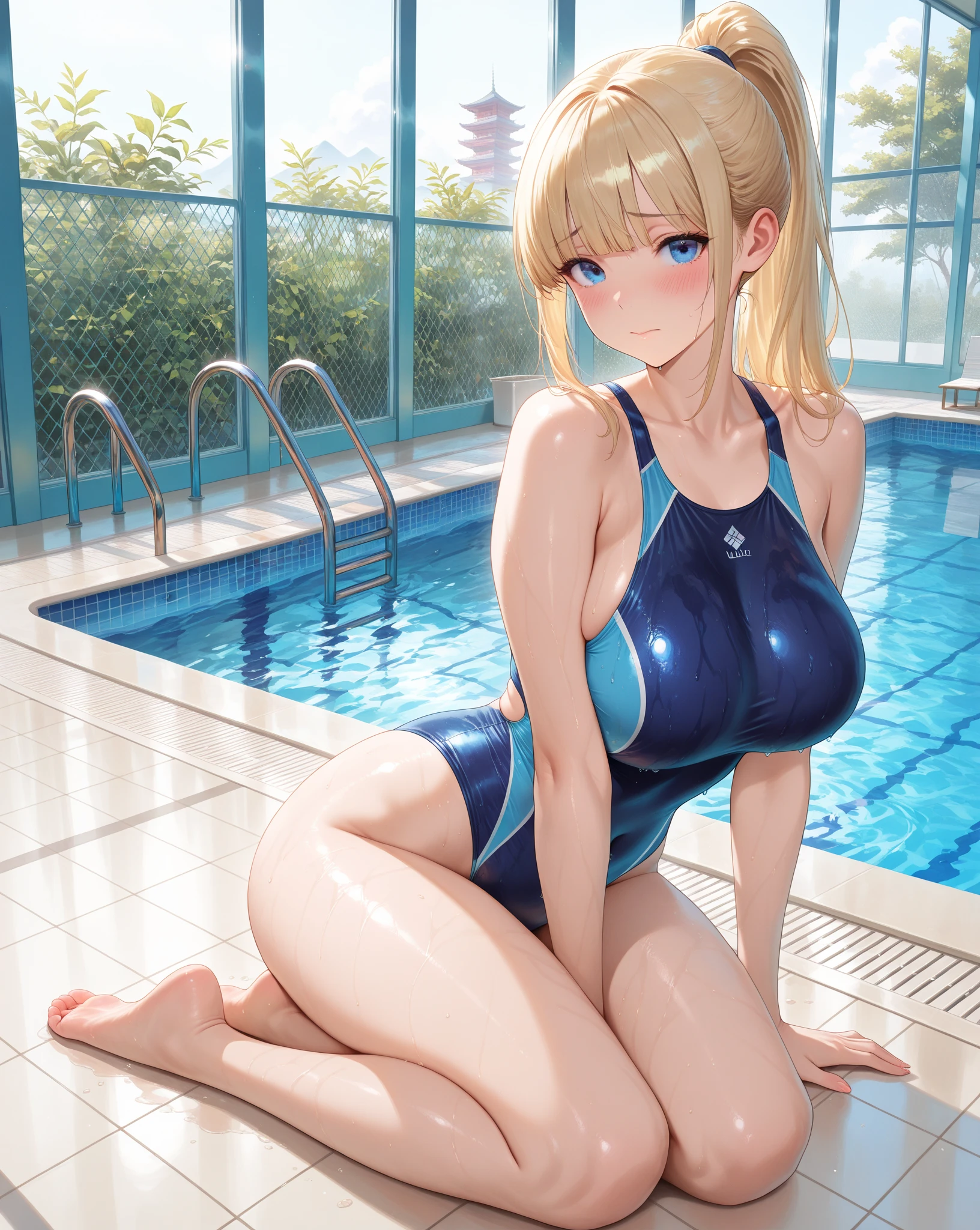 a close up of a woman in a blue swim suit near a swimming pool, is wearing a swimsuit, next to a pool, swimsuit, thicc, in a swimming pool, cutesexyrobutts, swimsuit model, wearing leotard, cute girl wearing tank suit, bathing suit, full body zenkai! asuka suit, in a luxurious pool long blonde hair