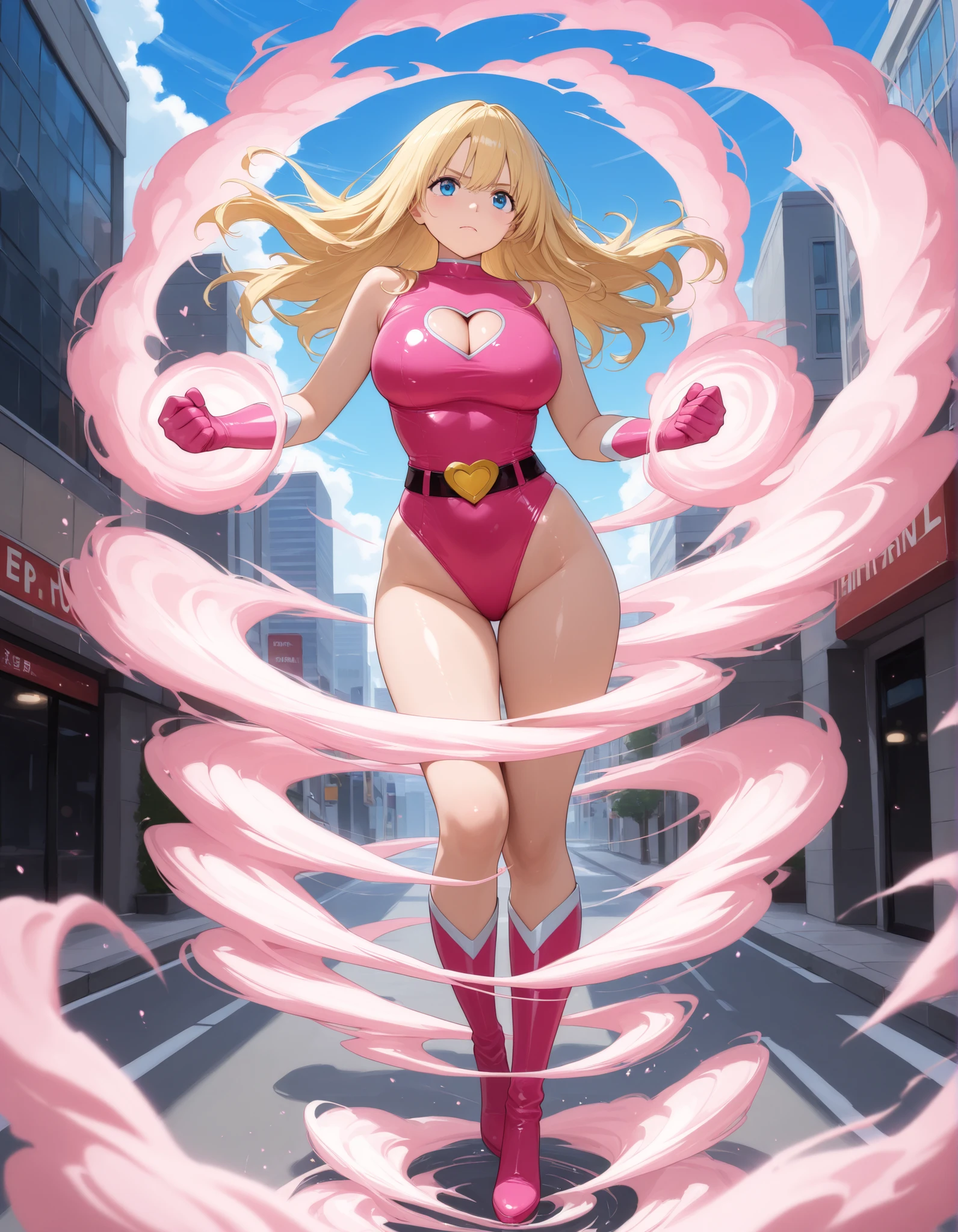 ((masterpiece)), ((best quality)), ((high res)), 1girl, solo, solo focus, (leotard, perfect leotard, pink leotard, sleeveless, bare legs), matching boots, looking at the viewer, blue sky backdrop, perfect hands, complete fingers, perfect anatomy, perfect proportions, medium breasts, (blonde hair, long hair, mid-length hair, hair down, bangs), knee boots, blue eyes, beautiful detailed eyes, beautiful detailed face, cute face, ((cleavage heart cutout)), pink gloves, pink footwear, superhero, heroic, (spread arms, spins in place like a tornado, she spins at an incredible speed, creating a whirlwind of air around her, spiral lines around, cyclone cloud around, tornado spinning), full body with costume