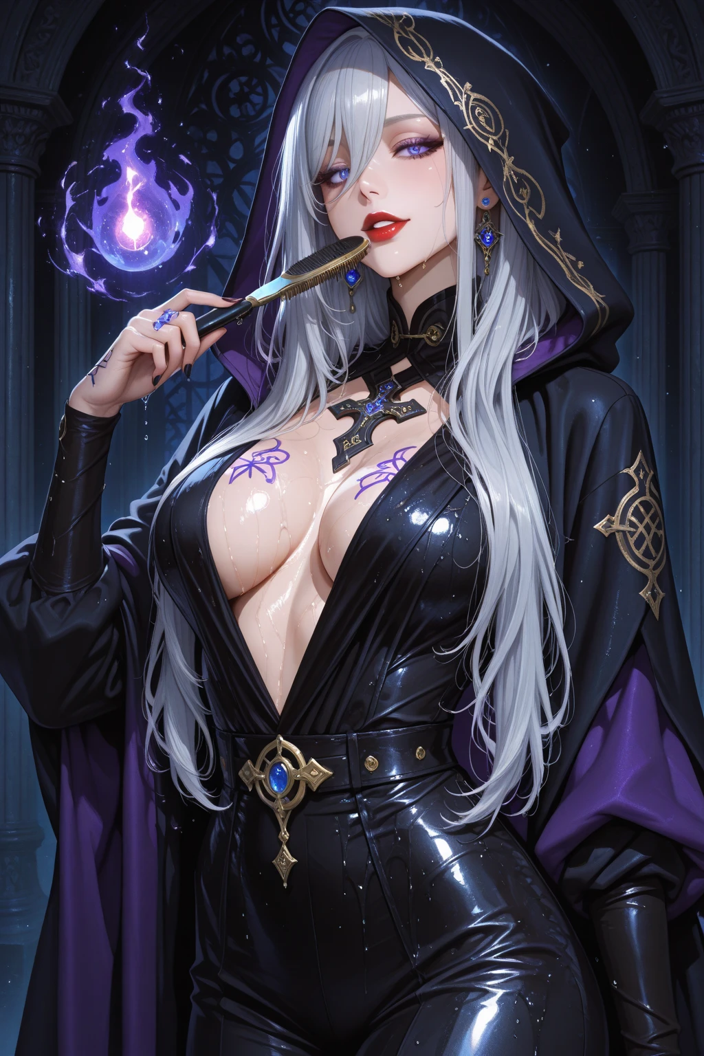 8K,超realistic,(table top, highest quality) Daniela Dimitrescu, 1 female, gray hair,looking for at Viewer, open your mouth, blonde hair, background, cleavage, skin that looks real,jewelry, Medium Small Breasted, 超sexyな外装, looking for,flower, wing, teeth and fangs, hood, necklace, cape, good, compensate, bug, Lipstick, inside the black cave, precious stones, white skin, veil, hood up, realistic, black lips,Super high resolution,Purple Flame(Purple effect),very big breasts,rich colors, Backlight, cinematic lighting, film grain, born, 50mm lens, Nikon D850,realistic skin,golden eyes,sexy,Inside the dark castle,perspective from above,sexyなポーズ,very big breastsの谷間を強調,