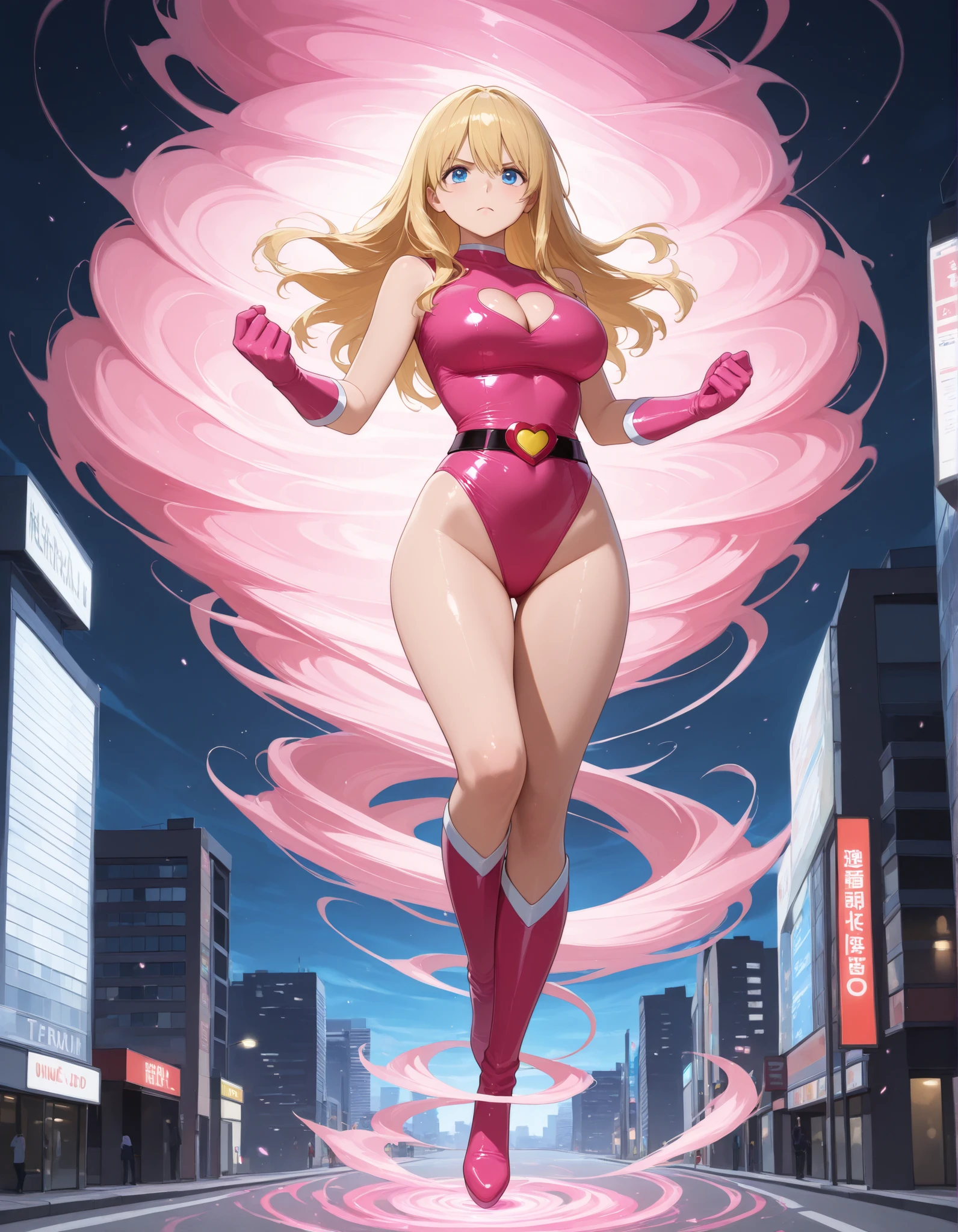 masterpiece, best quality, highres, 1girl, solo, superhero, tiny gold panty bare legs, matching boots, sleeveless, looking at viewer, light particles, city backdrop, perfect hands, perfect eyes, , perfect legs, perfect arms, perfect fingers, large breasts, gold panty, standing, blonde hair, long hair, knee boots, blue eyes, heart cutout, cute face, hair down, bangs, sleeveless, pink gloves, pink footwear, cleavage out, topless , braless , breasts exposed