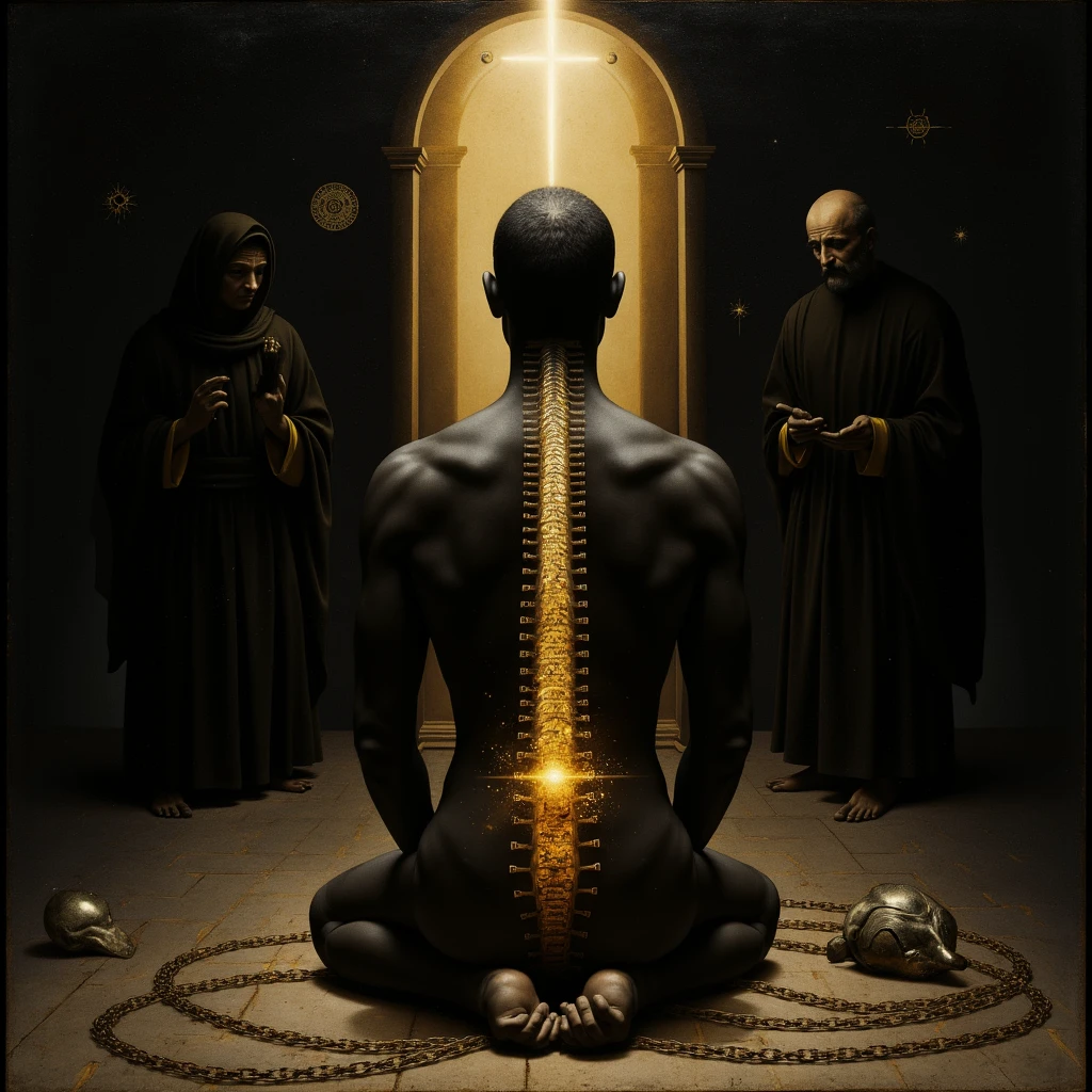 a coloured fantasy photo of a mature cs-m3tal-ok_v06-1000 Zambian Tarot The Hanged Man, upside down, hanging by one ankle, aura, made of metal with networks of fine (bronze:0.33) lines. Intricate, very detailed <lora:ral-polishedsteel:0.25>