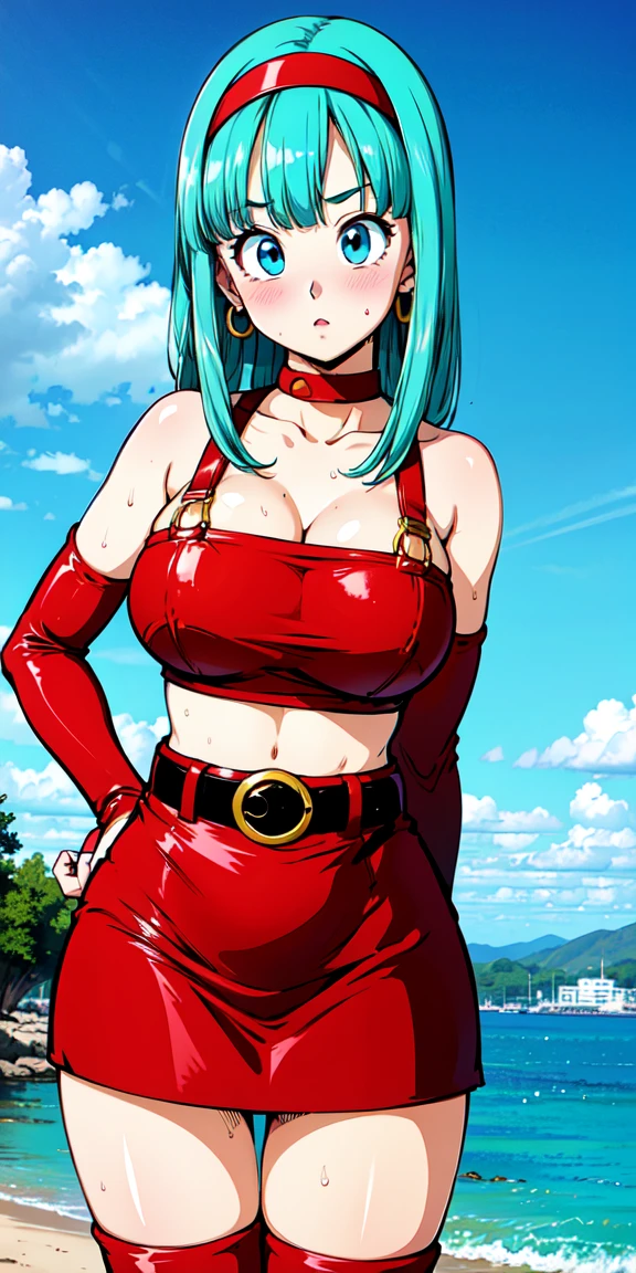 ultra detailed, masterpiece, best quality, solo, soft smile, light smile, Bulma, Dragon Ball,
masterpiece, best quality, highest quality, (perfect lighting), (photorealistic), perfect ???????, perfect face, perfect eyes, 
 bulmadbzreddress, aquamarine hair, short hair, blue eyes, earrings, red dress, yellow scarf, blue sky, clouds, on a cliff looking at a city, (BishoujoMom: 1.5), very tight red dress, legs that open, ((huge breasts, cleavage))), ((thick thighs, hourglass figure)), (topless), 1.5) ((thick red lips), ((blue eyes)), ((aquamarine hair))