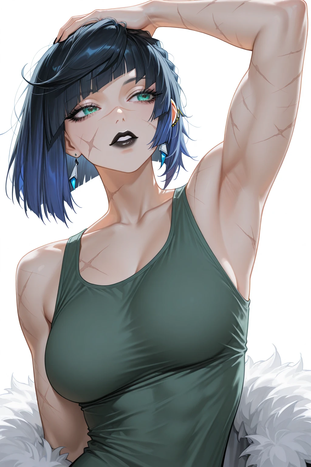 (Masterpiece:1.2), hentai art style, (Woman:1.1), Muscular, (light blue hair:1.1), (Bandaged breasts wearing baggy pants:1.3), sweating, wrapping her hair, armpits, big breast, (tattoo), serious frown, looking to camera.