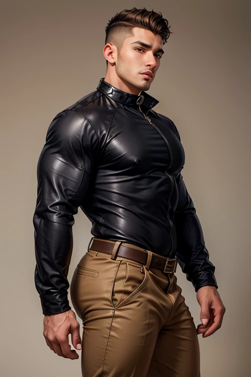 Masterpiece, Best Quality, Solo, Korean Men, studio simple background,  Natural eyes, Short and delicate red hair, Sexy Man, looking up at the viewer,black tight T-shirt,black leather pants with belt, Small plots, Standing, Muscular posture,bodybuilder, Muscular body, big muscle