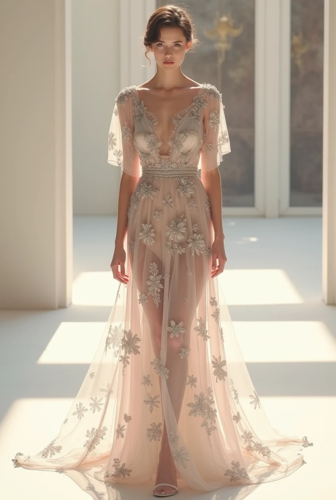 top-quality、masterpiece、超A high resolution、(Photorealsitic:1.5)、Raw foto、1girl in、murky、deep-shadows、Unobtrusive、cold light、sexy appearance、shorth hair、((very_short_hair))、((Luxury evening dresses))、((Luxurious painting))、((Luxurious necklace))、((Floral hair ornament))