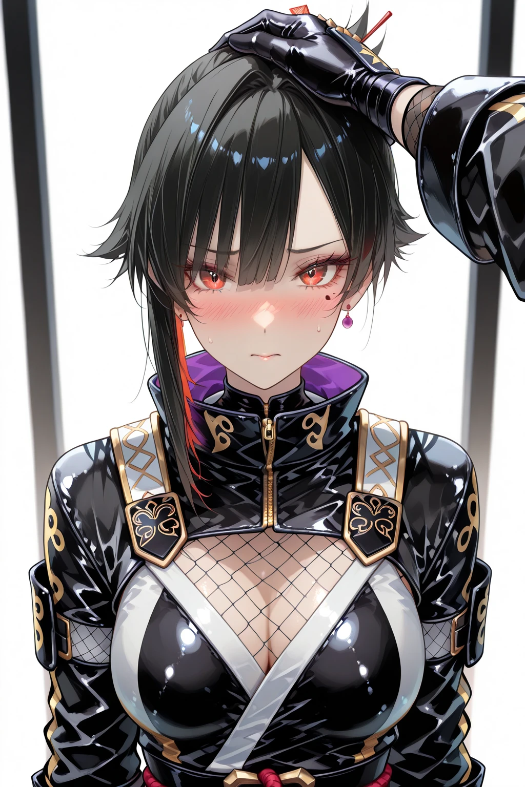 anime character dressed in black with chain around his neck, turtle neck, shadow mage female, female fantasy Vampire, single character, rpg portrait, noble female, anime illustration, dark witch character, rpg, black hair purple gradien, yellow eyes purple gradien color, rosario earpierce, wolf cut hair, female, wolfcut hair, bigboobs, sexy pose