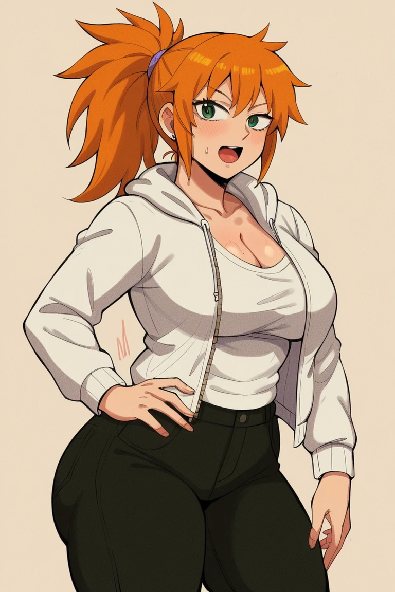 masterpiece, best quality, finely detailed, beautiful and detailed face, beautiful and detailed body, a 24 year old girl, big wavy red hair, yellow eyes, white sleeveless shirt, very short black shorts, black sneakers, thick thighs, standing, ration of happiness , in a living room, Flat colors, detailed texture, detailed face