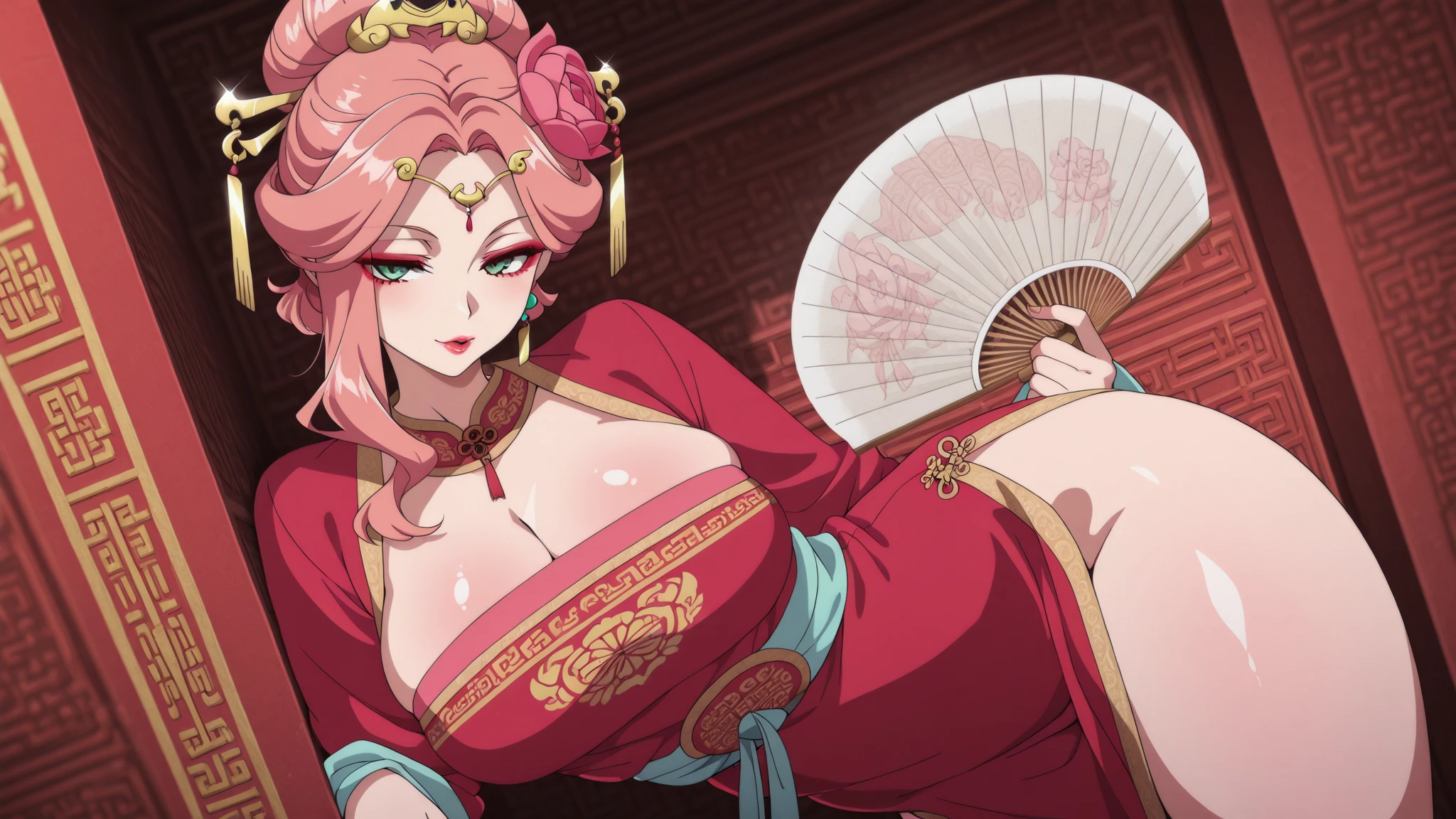 1girl,alone,gyokuyou,(masterpiece),(sharp focus),(best quality),Looking at viewer,(perfect details),detailed,curvy body,full body,dynamic pose,perfect anatomy,perfect hands,ray tracing , depth of field, long hair, bright pink hair, bun, single hair bun, blue-green eyes, ((light in eyes)), white skin, adult beauty, milf, pink eye shadow, ornament on forehead, (wet eyes), eyes up, blushing, (open mouth a little), (((smooth hair with hand))), collarbone, ((focus on breasts)), dynamic position, facing , pov(from middle),standing, indoor, ((red sweater dress)), ((ribbed dress)),((high neck)), ((sleeveless)),perfect, smile, hands , the bedroom is Dimly lit by candles, standing next to a luxurious Chinese style canopy bed, Chinese style cut, large breasts, medium waist, wide hips, medium thighs, round butt,