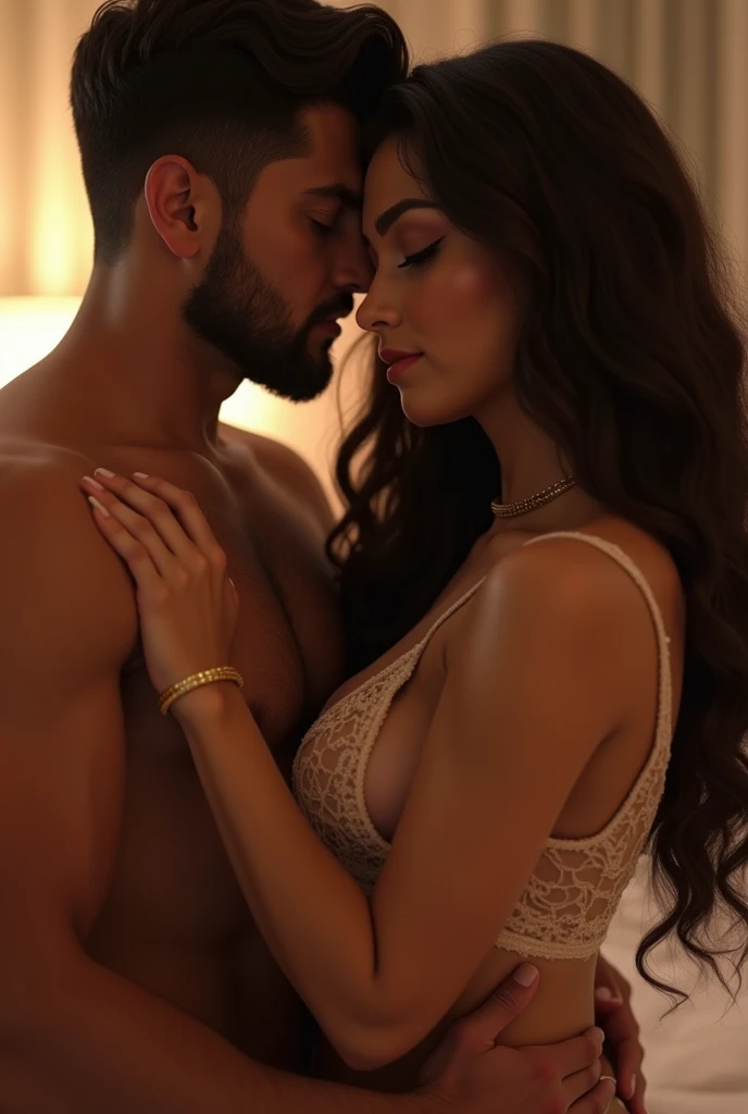 Um casal fazendo sexo. Mulher bonita, cabelos ruivos, with white lingerie and wedding veil. Homem musculoso alto e bonito, vestindo um smoking azul marinho. O homem pressiona a mulher contra parede do quarto, sniffing her neck. Imagem realista, alta qualidade