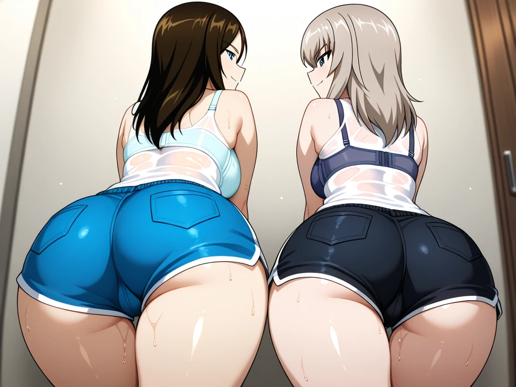 2girls, nishikigi chisato, inoue takina, lycoris recoil, couple, perfect anatomy, symmetry, from behind, all fours, sukumizu, school swimsuit, thighhighs, big ass, looking at viewer, shy, blush, smile, masterpiece, best quality, very aesthetic, absurdres, anime, huge breasts,