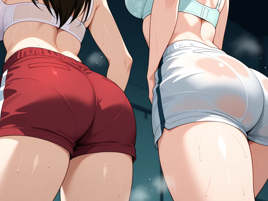 2 Asian girls, anime girls, both farting together side by side, desperate to poop, farting while standing, farting in public bathroom, wearing volleyball shirt and underwear no pants, wearing hijab, stomach bloated, hands hugging stomach, pained expression, shocked and embarrassed, mouth open in shock, sweating, blushing, beautiful and cute face, anime art style, fit body, tall and thin, view from side, legs spread, 2 girls, duo, 2 girls farting facing each other