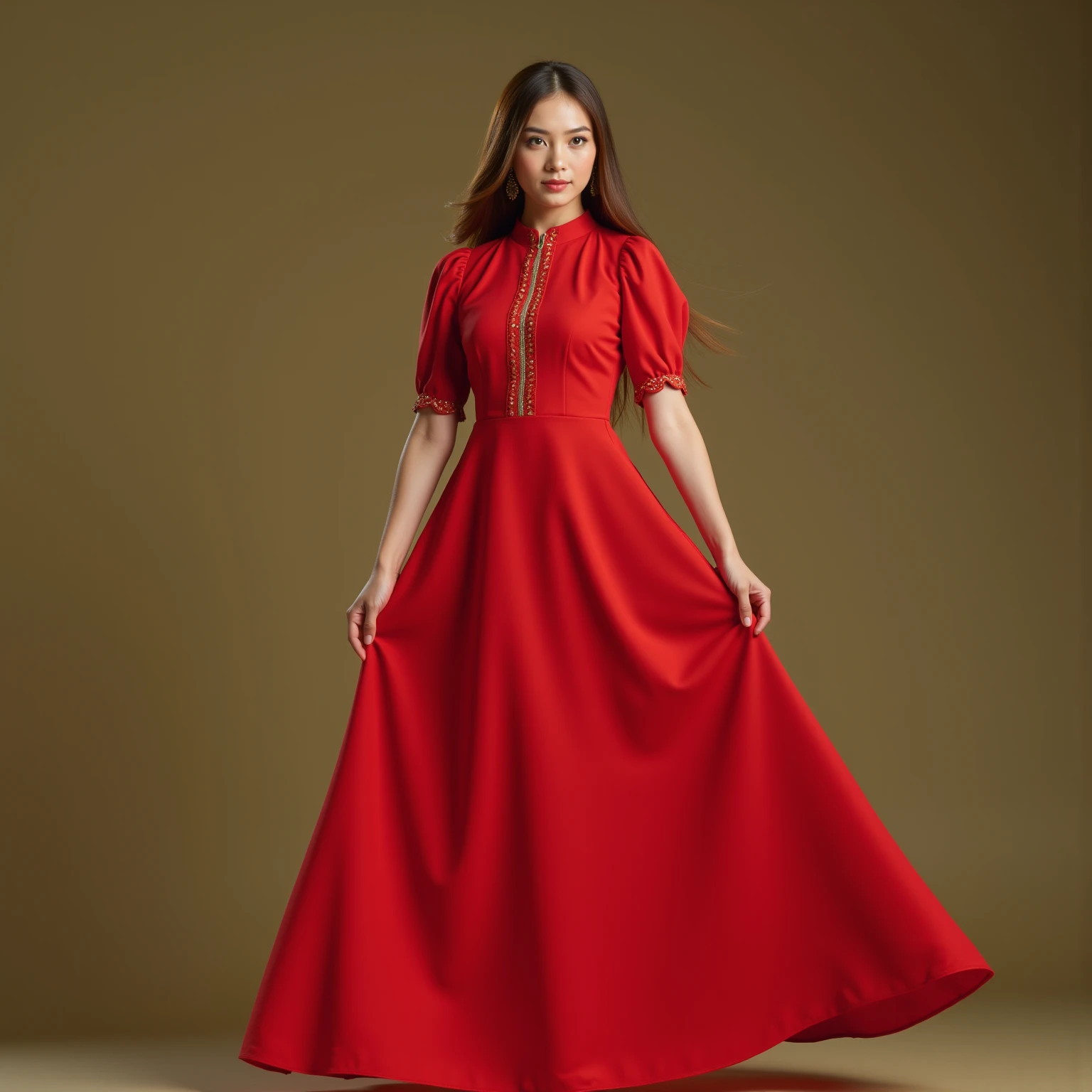 RAW photo of  rinrada,red high-neck dress, neutral background, 8k uhd, dslr, soft lighting, high quality, film grain, Fujifilm XT3, 