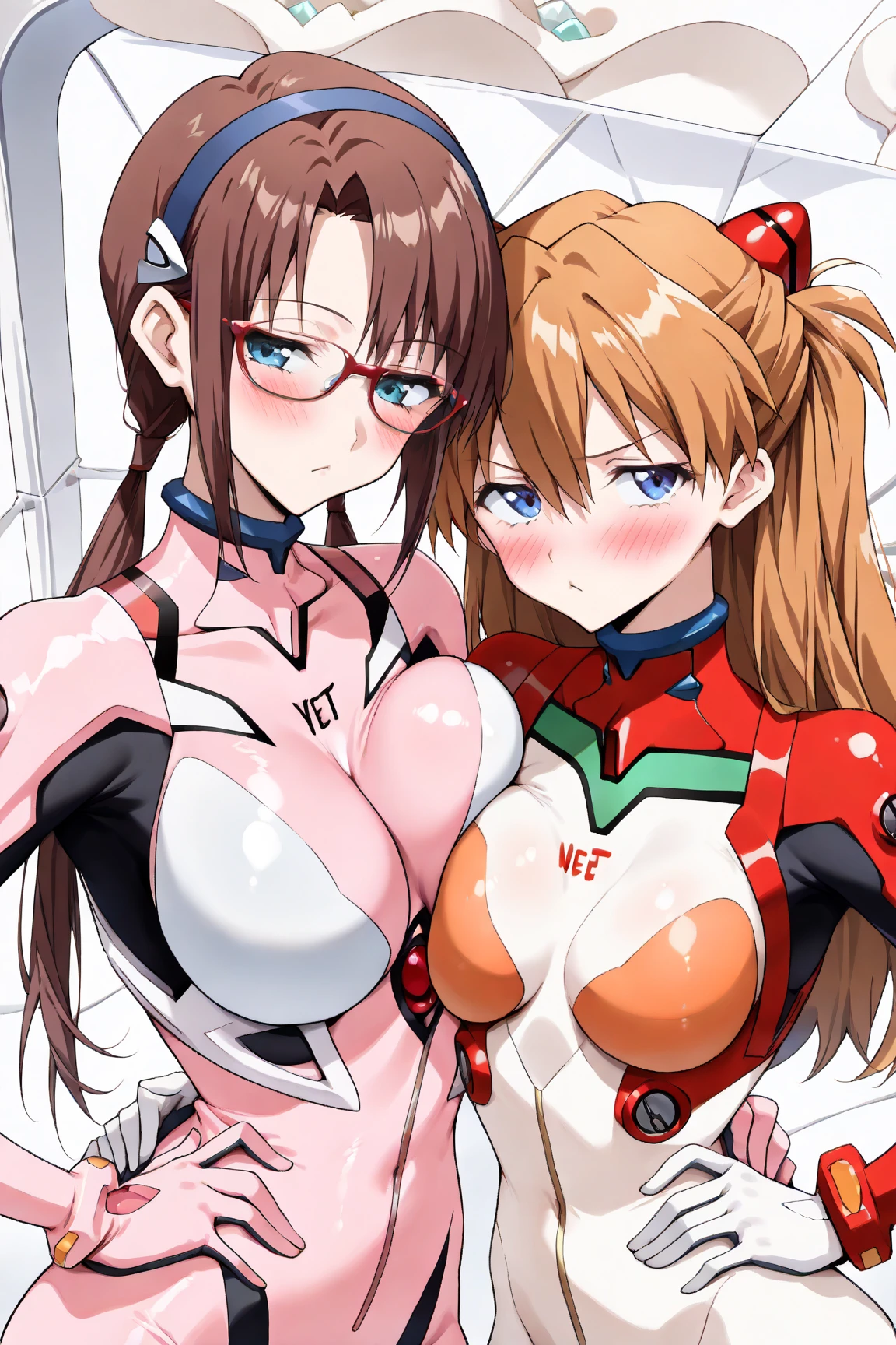 score_9, score_8_up, score_7_up, score_6_up, score_5_up, score_4_up, (source_anime), 2girls, evangellion, asuka langley, rei ayanami, yuri, breast sucking, Inside a mecha, breast milk