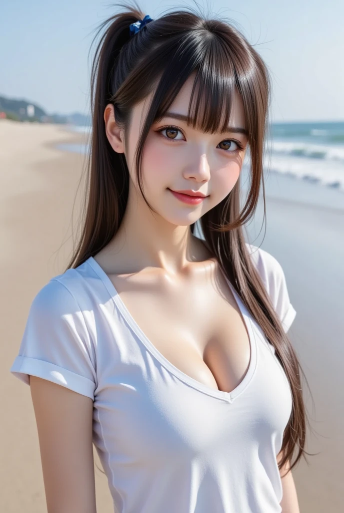 wharf, beach, masterpiece, top quality, 8k, photo, realistic, girl, 17 years old, (white shirt, black skirt), (detailed natural breasts), (full body), (sexy pose), soft lips, white skin, (pink hair), (detailed eyes: 1.3), (novafrogStyle: 1.2), depth of field, blush, shyness, (smile: 1.1), blue eyes, (random color bar), bangs 、ulzzang-6500-v1.1、HDR