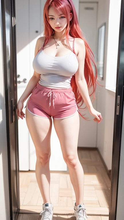8k,masterpiece, best quality, ultra detailed, [perfect shadows and lighting], detailed background, incredible high-key lighting, ambient soft lighting,
young Asian female, uzakihana, gorgeous face,japanese face, lips, makeup, stylish hair, perfect eyes, red hair, long hair, blue eyes,
huge breasts, thick things, wide hips, narrow waist
look at viewer, seductive, smile, smirk, open mouth, sexy pose,
, streets, mountain, outdoors, see-through, undersized T-shirt clothes,