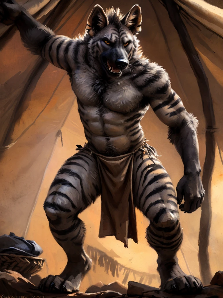 symmetrical eyes, ((solo)), male, anthro (striped hyena), (mean expression), ((long flaccid hyena ?????), dark penis, ????? leaking precum, (balls)), ((gray fur, muscular, beefy)), striped hyena tail, by blotch, by kenket, (epic, masterpiece, high quality, 8k, correct ???????:1.2), ((threatening pose, female point of view)), ((mature male)), sexy, (gray fur), ((Inside tribal tent, detailed background)),