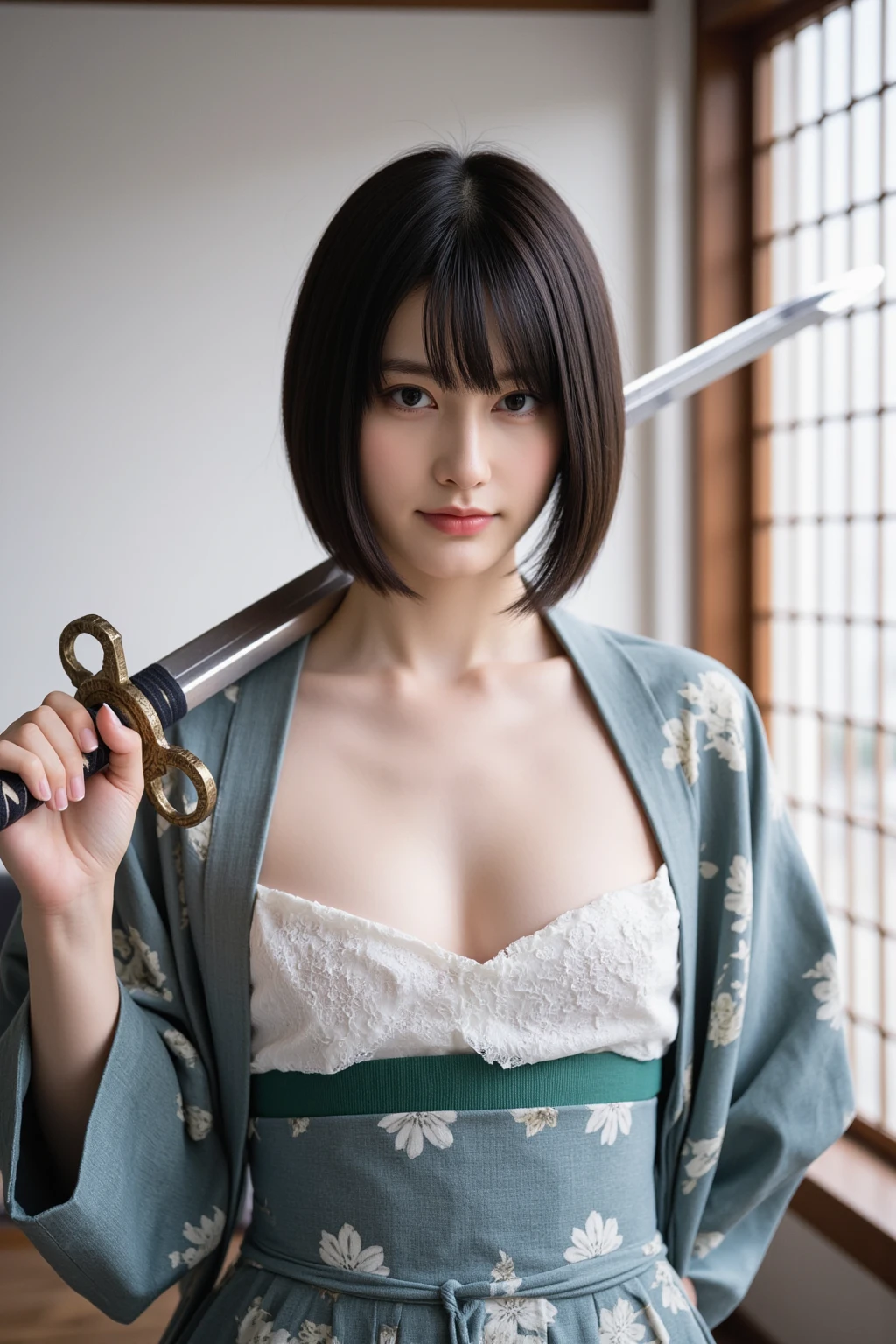 (was:1.3、(Japanese countryside scenery:1.1)、(Female ninja with a sword:1.5))、(Realistic、Like a photograph、Live Action、8k, Realistic, RAW Photos, Best image quality: 1.4), Single-lens reflex camera、RAW Photos, Highest quality, Realistic, Highly detailed CG Unity 8k wallpaper, Written boundary depth, Cinematic Light, Lens flare, Ray Tracing, Realistic background、(kunoichi:1.4、kimono)、Grey Hair、short hair、Standing in the village、((Ultra-Dense Skin))、 1 girl,Cute Kunoichi、(whole body:1.5)、I like that style、Pay attention to the details、Perfect outfit、(White Squid Portrait、Accurate Arm、Accurate feet、Beautiful legs、Precise thighs、Anatomically correct body、View from the front