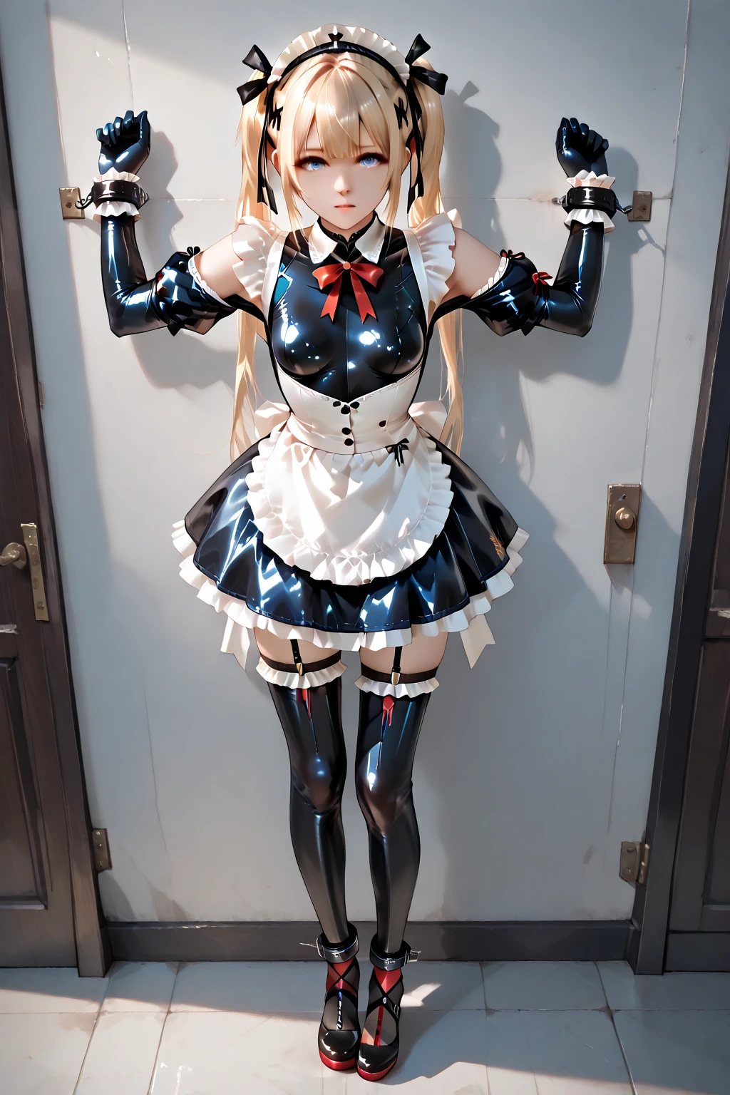 (masterpiece, best quality, ultra detailed, absurdres)1.5, 1girl, long blonde hair, hair clips, low twin tails, smile, (sexy, beautiful woman, perfect face, perfect eyes, perfect female body, huge breasts)1.5, (latex costume, corset, bra, bondage outfit, latex gloves, thighhighs, short sleeves, see-through skirt, navel, high heels, panties, rabbit ears, (standing, inside a modern mansion), perfect lighting, smooth, hdr