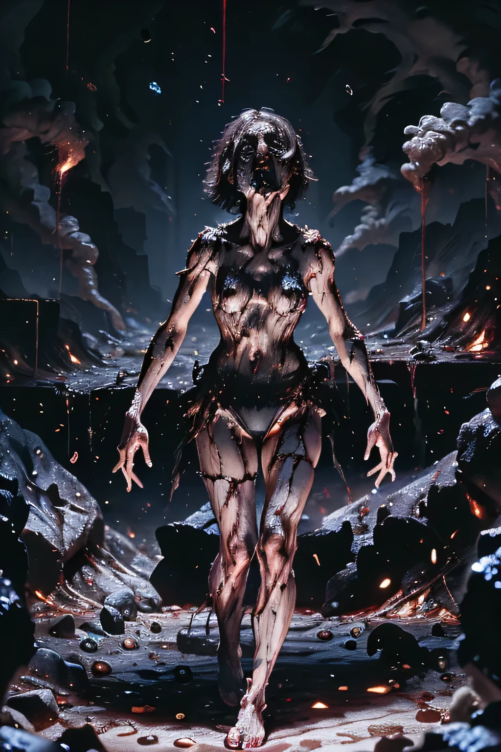 masterpiece, Highest quality, masterpiece,Zombie Girl, Evil Dead, Dark Energy, empty, Hollow Eyes, (an extremely evil),Dead Girl、 black magic, Dark Forest, Negative Energy, hell, Corpse wearing a black gymnastics bloomers,high leg,self wedgie,white blouse、lava,fire